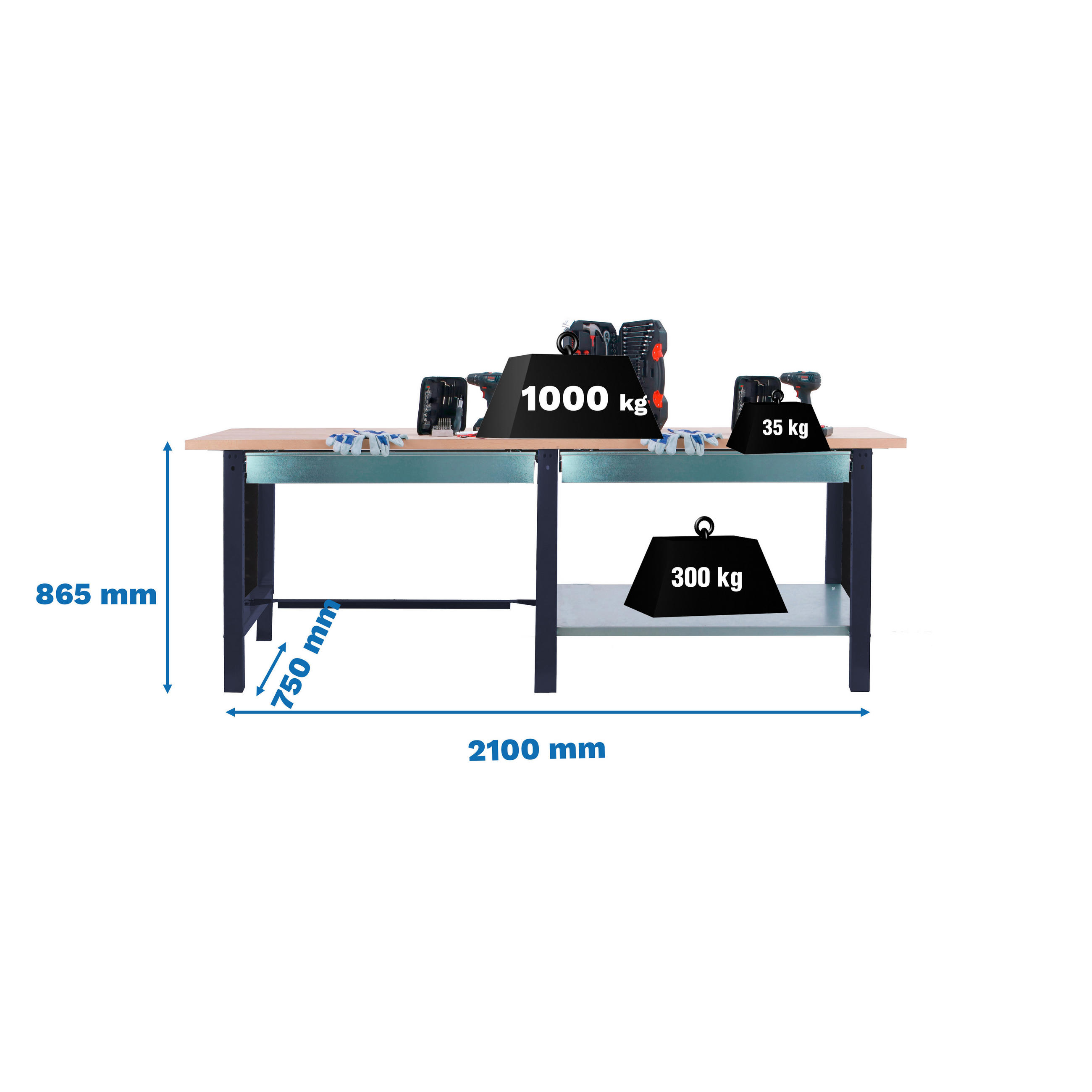 WERKBANK Buffalo Wood mit 2x Schublade HxBxT 86,5 x 210 x 75 cm Traglast 1000 kg Anthrazit - Anthrazit, Metall (210/86.5/75cm) - PROREGAL