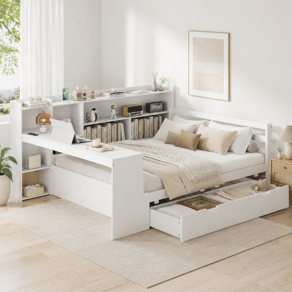 JUGENDBETT 140/200 mit Schreibtisch, Regalen, Schubladen und Steckdose in Weiß - Weiß, Holzwerkstoff (140/200cm) - EVRYAE