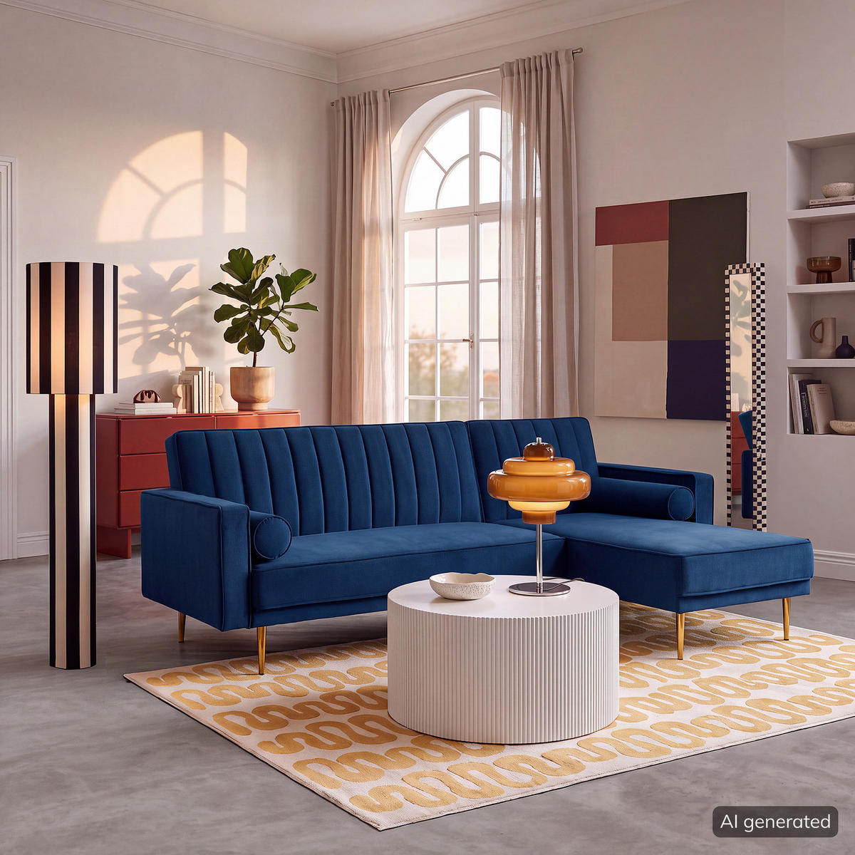ECKSOFA mit Schlaffunktion - Goldfarben/Blaugrau, Textil/Metall (223/144cm) - home24