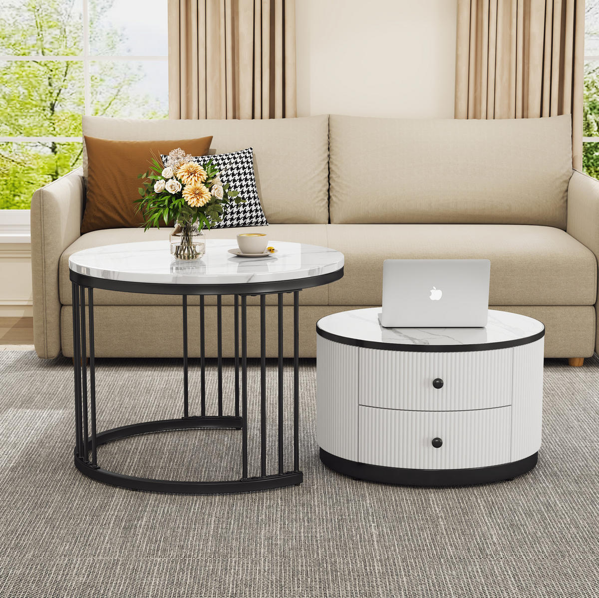 COUCHTISCH-SET 60/60/45,5 & 50/50/32 cm weiß/schwarz aus MDF mit 2 Schubladen - Weiß, Holzwerkstoff (60/60/45cm) - OKWISH