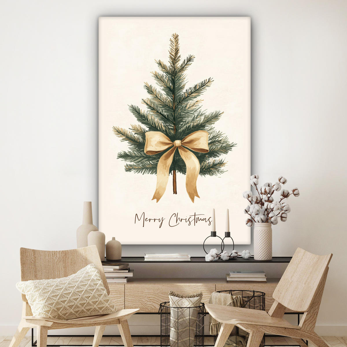 SLIKA NA PLATNU Božično drevesce 90x140 cm - peščene barve, tekstil (90/140cm) - MuchoWow