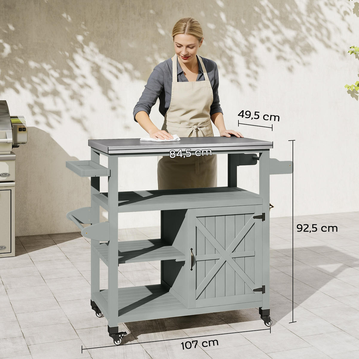 GRILLWAGEN DE-13858 mit Edelstahl-Arbeitsplatte und Holzrahmen Grau - Grau, Metall (49.5/92.5/107cm) - ComfortXL