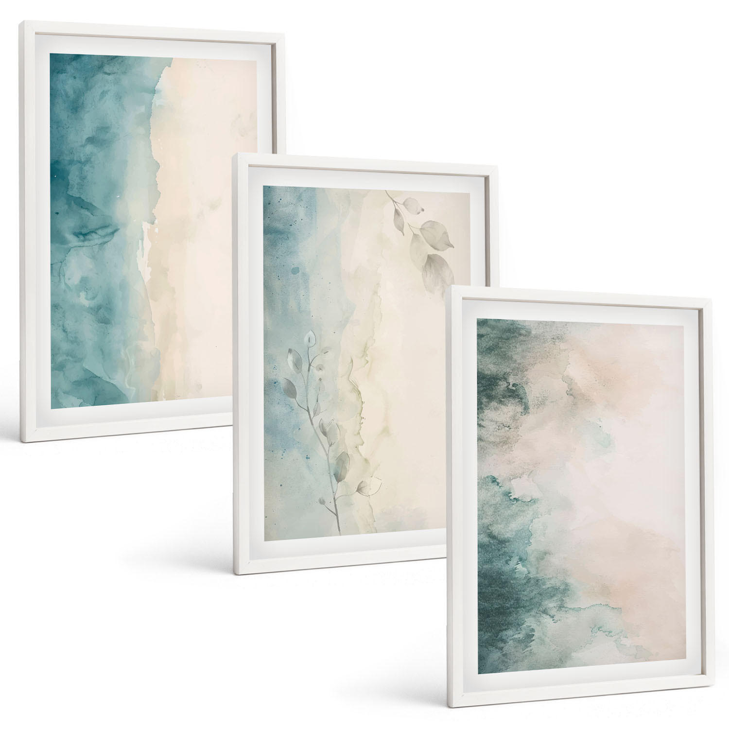 BILDER SET 3er Set - 40x60 cm Weißer Rahmen - Minimalismus auf Aquarellleinwand - Weiß, Kunststoff (40/60cm) - TULUP