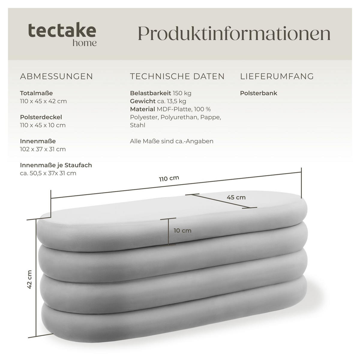 TRUHENBANK Altu,110 x 45 x 42 cm,Samtoptik grau - Samtahornfarben, Holz (110/42/45cm) - tectake