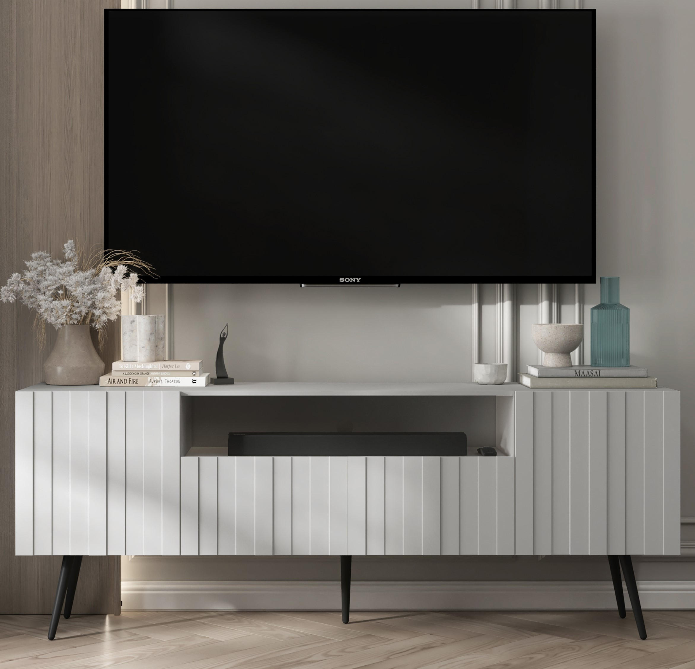 TV-SCHRANK Elpis Weiß Matt mit Metallbeine Glamour 150 cm - Schwarz/Weiß, Holzwerkstoff/Metall (150/60.5/36.5cm) - Meble Lindner