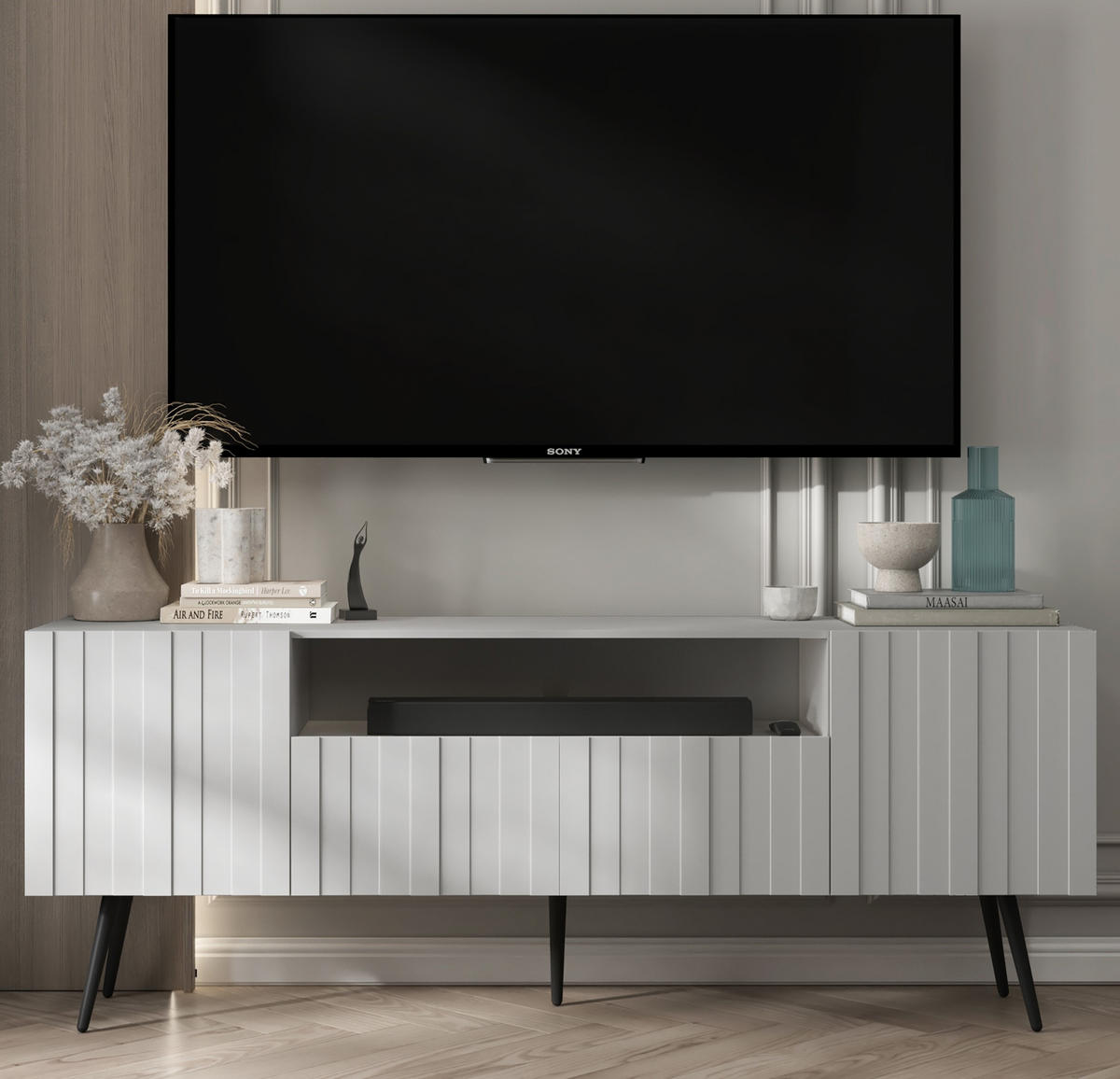 TV-SCHRANK Elpis Weiß Matt mit Metallbeine Glamour 150 cm - Schwarz/Weiß, Holzwerkstoff/Metall (150/60.5/36.5cm) - Meble Lindner