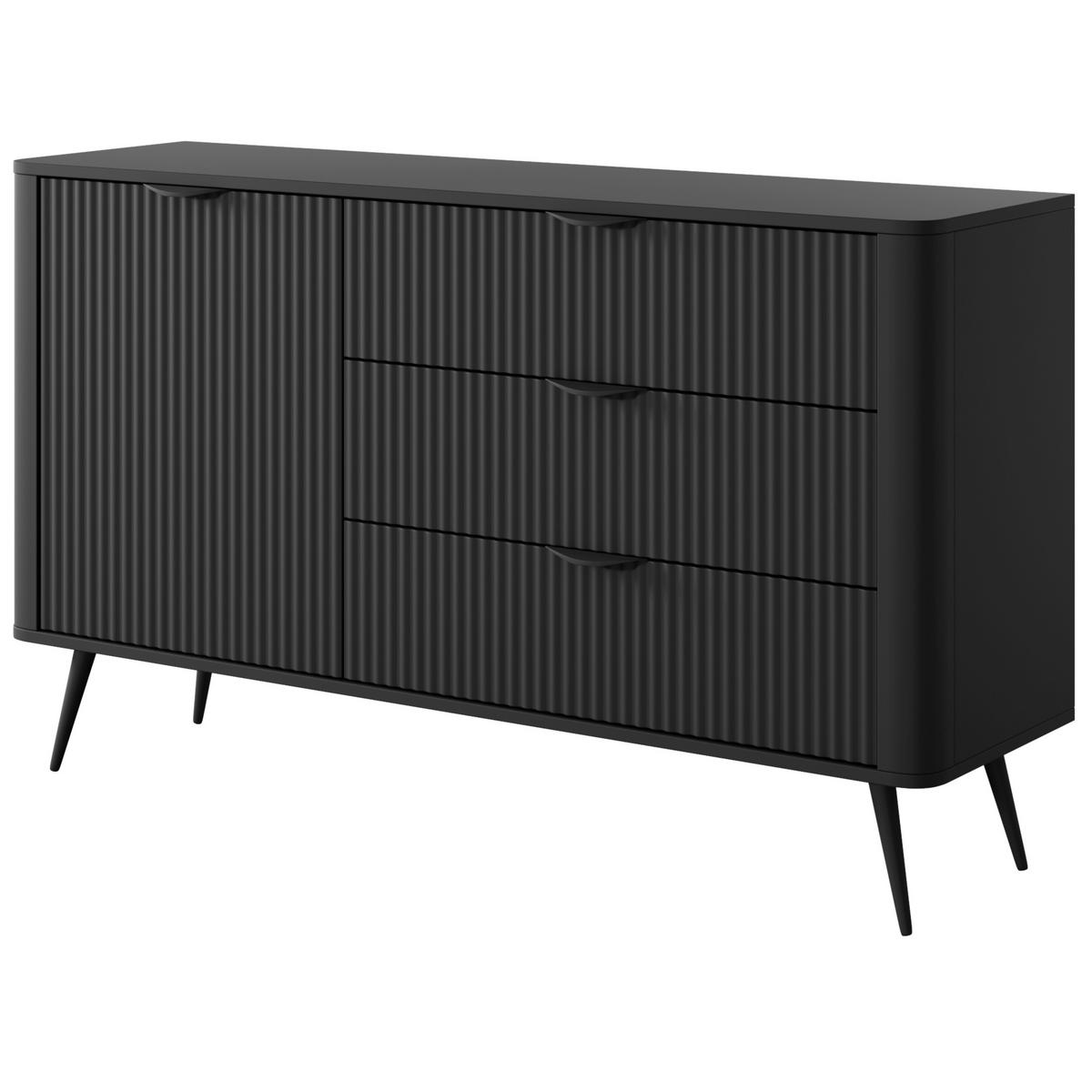 SIDEBOARD LEKNES KOM3 Reliefierte Fronten aus MDF-Platte Schwarz Schwarz - Schwarz, Glas/Holzwerkstoff (138/81/38cm) - Komodee