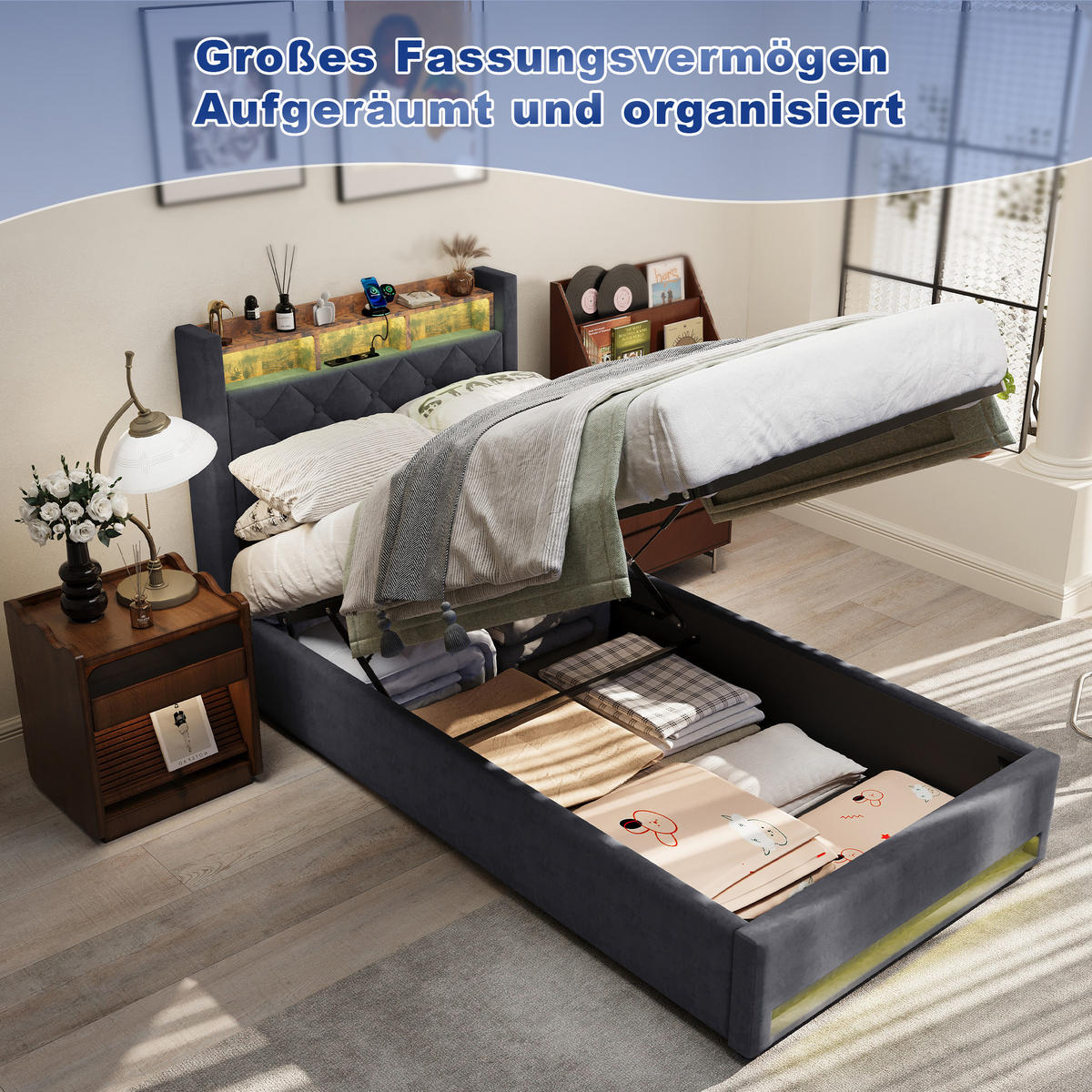 POLSTERBETT 90/200 cm mit Bettkasten und Steckdose Boxspringbett mit USB und LED-Licht Stauraumbett ohne Matratze - Grau, Holzwerkstoff/Textil (90/200cm) - STILVORA