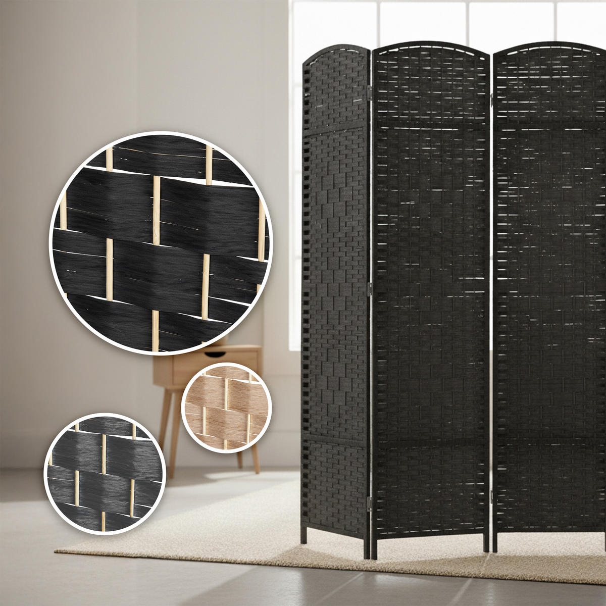PARAVENT - čierna, drevo/papier (120/170/2cm) - Relaxdays