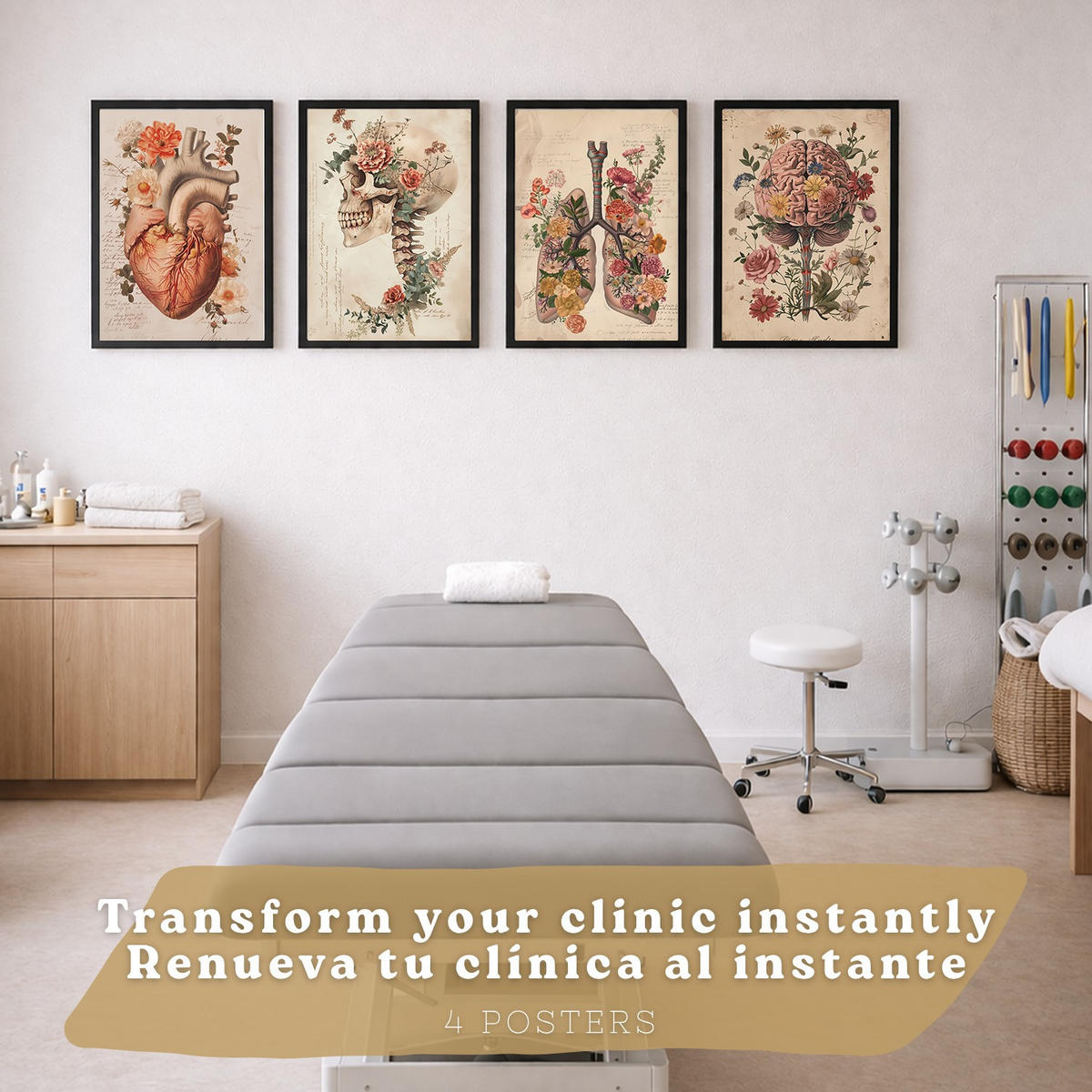 POSTER Set aus 4 Vintage Anatomie Drucke und Wandbilder mit Blumen Herz Lungen Schädel und Gehirn Wanddekoration Größe Schwarzer Rahmen A3 - Schwarz, Papier (29.7/42/3cm) - Nacnic