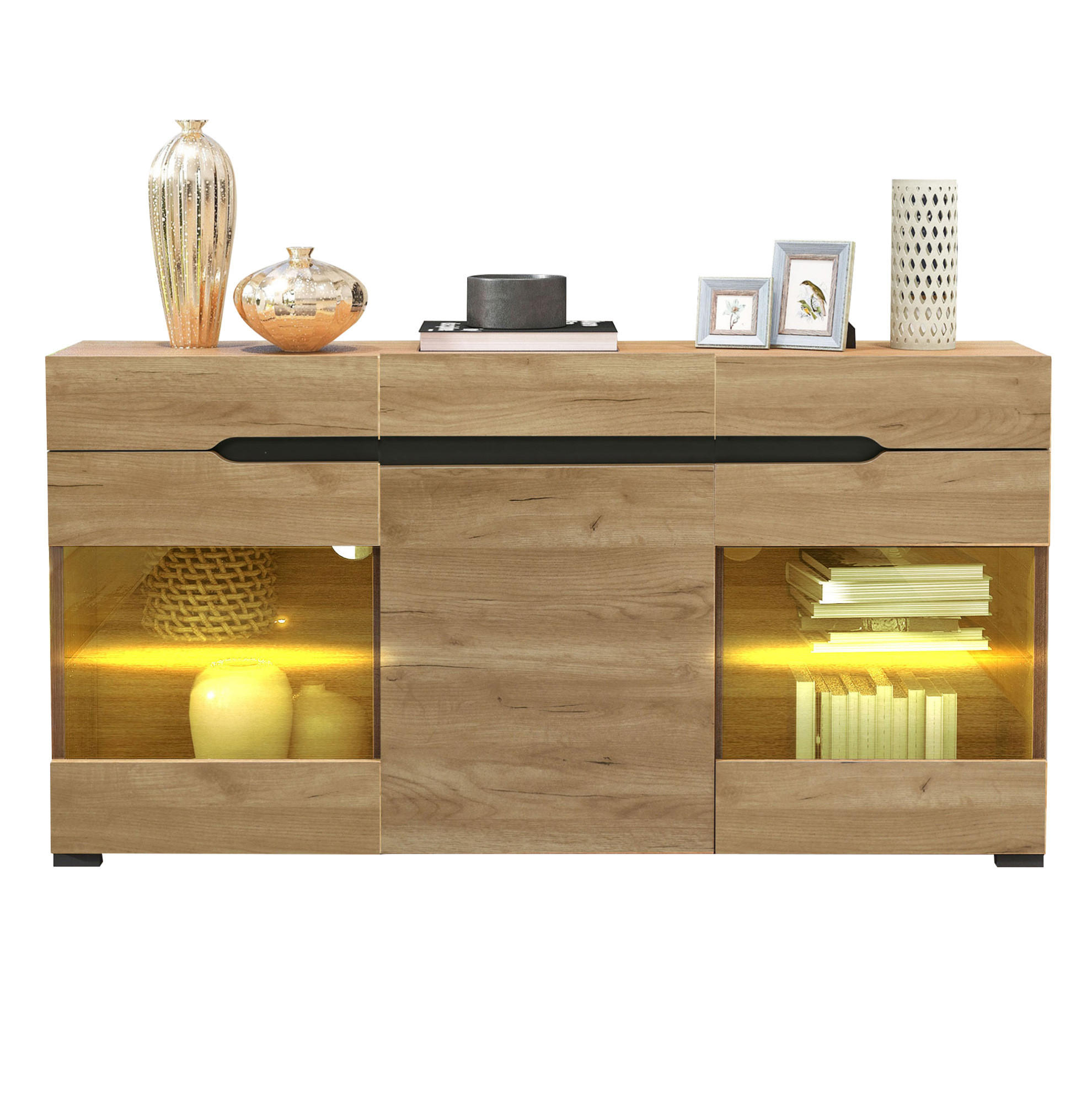 SIDEBOARD 140/35/80 cm mit 3 Türen, 3 Schubladen & LED in Eiche-Optik - Naturfarben, Holzwerkstoff (140/80/35cm) - BEAOK