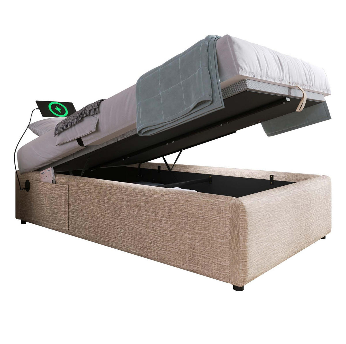 POLSTERBETT 90/200 cm aus Leinen mit Stauraum und USB- und Type-C-Anschlüssen - Beige, Textil (90/200cm) - Flora Grace