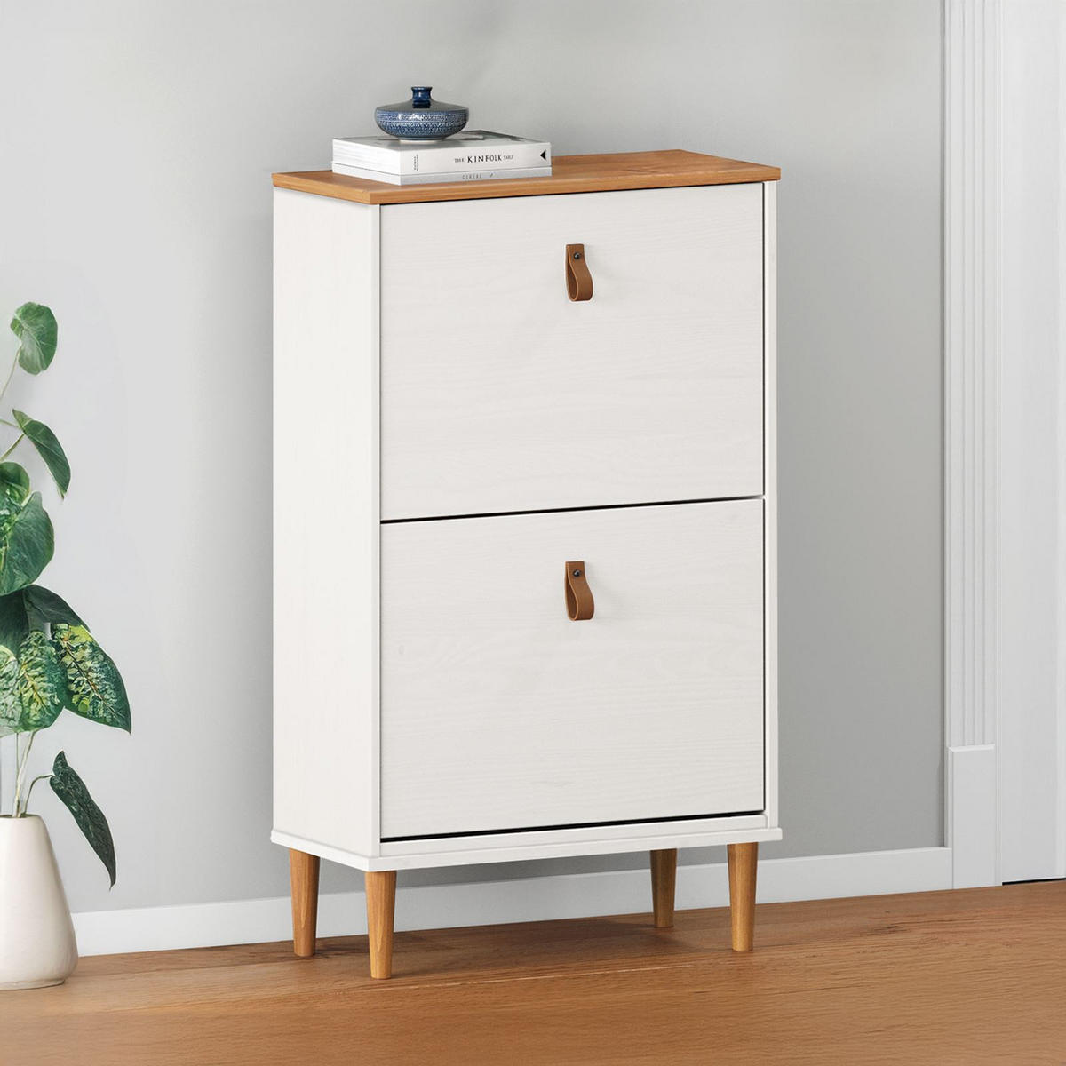 SCHUHKIPPER MIKKA weiß/Eiche - Eichefarben/Weiß, Holz (59/96/25cm) - IDIMEX