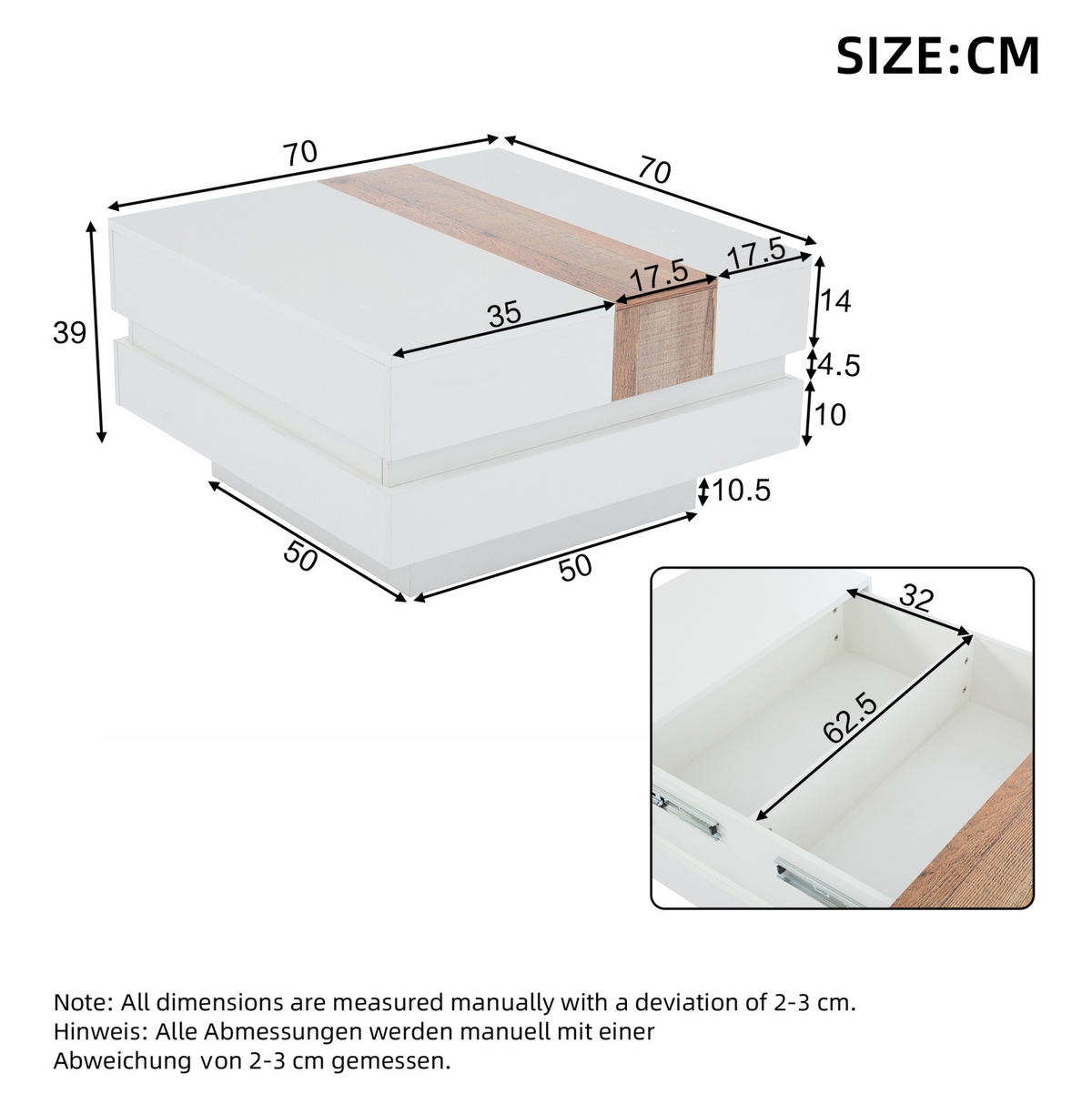 COUCHTISCH 70/70/39 cm in Weiß mit ausziehbarer Tischplatte und Stauraum - Weiß, Holzwerkstoff (70/70/39cm) - Flora Grace
