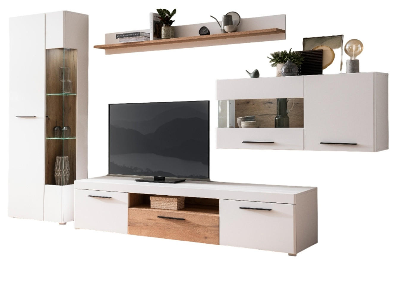 WOHNWAND weiß matt, Evoke Eiche, Wohnkombination 4-teilig, Soft-Close-Funktion - Eichefarben/Silberfarben, Glas/Holzwerkstoff (327/200/45cm)