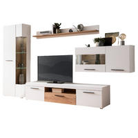 WOHNWAND weiß matt, Evoke Eiche, Wohnkombination 4-teilig, Soft-Close-Funktion - Eichefarben/Silberfarben, Glas/Holzwerkstoff (327/200/45cm)