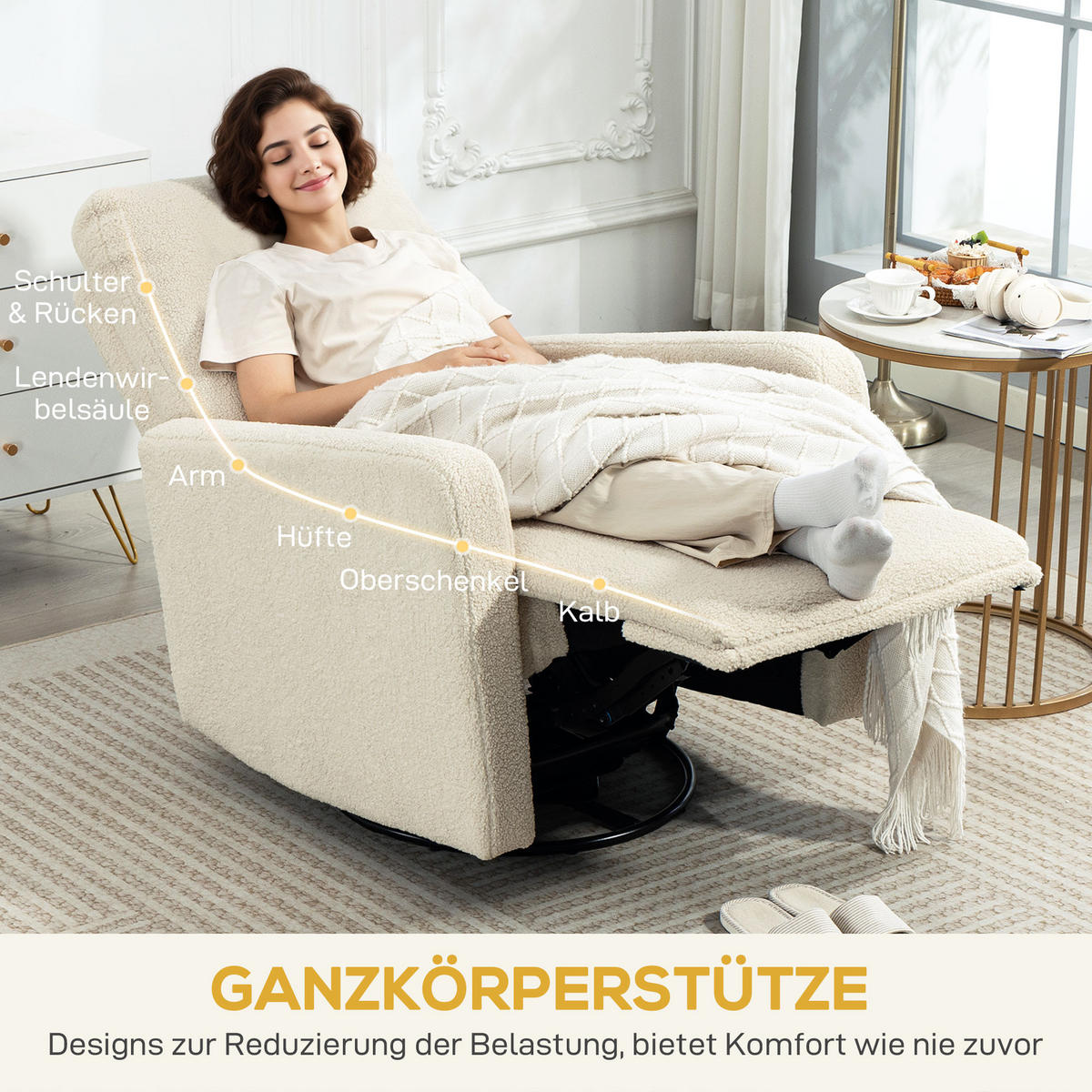RELAXSESSEL, Fernsehsessel mit Liegefunktion, Wippfunktion, Fleece-Optik Beige - Beige, Textil (76/100/94cm) - HOMCOM