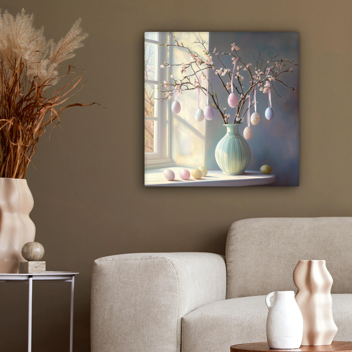 LEINWANDBILD Stillleben - Vase - Osterzweig Wandbild Wohnzimmer 50x50 cm - Hellblau, Textil (50/50cm) - MuchoWow
