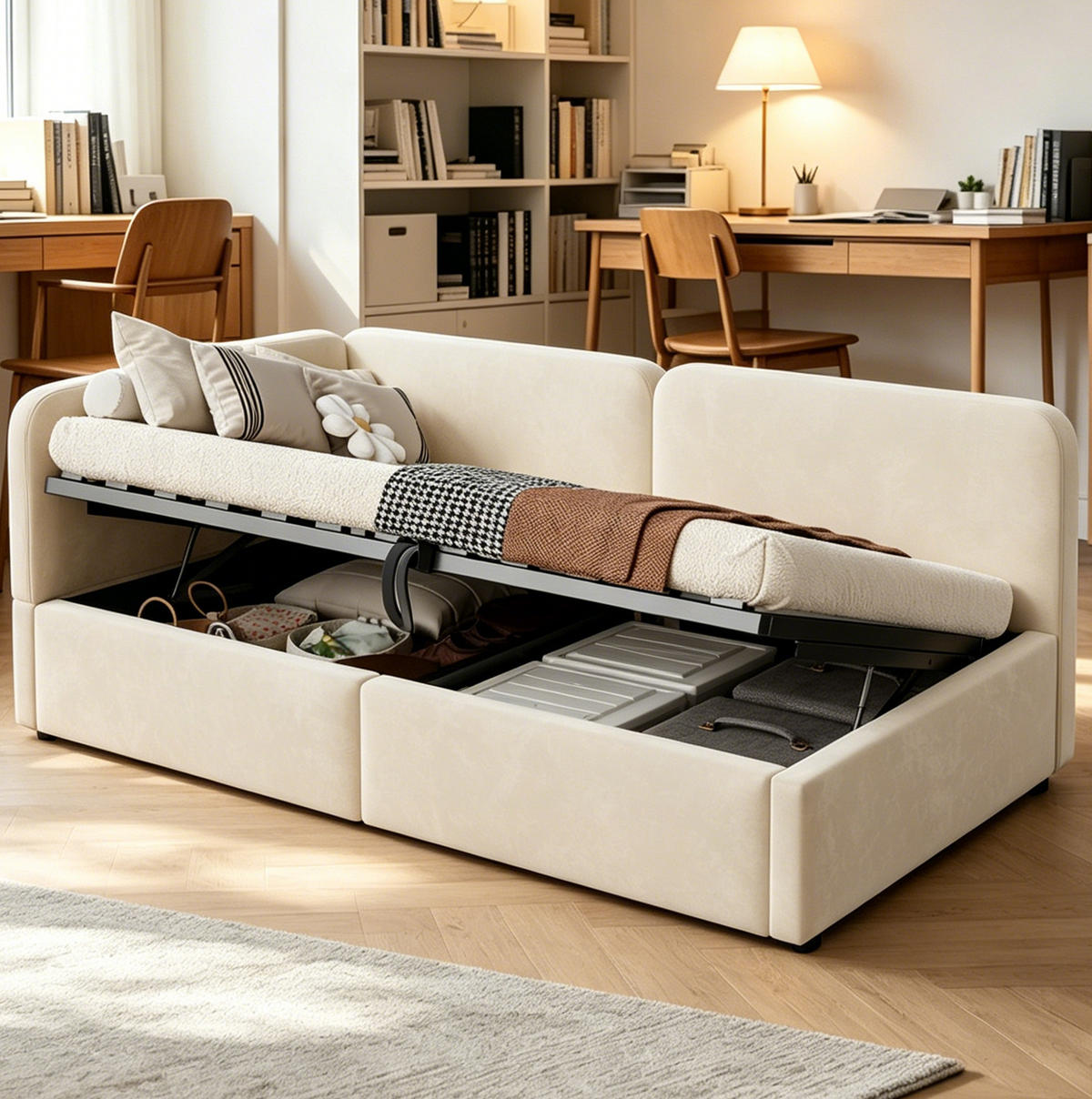 90 x 200 cm Samt-Schlafsofa mit hydraulischem Stauraum, hohem Kopfteil, austauschbarer Rückenlehne, platzsparendes Bett , Beige - Beige, Textil/Metall (90/200cm) - Modenvie