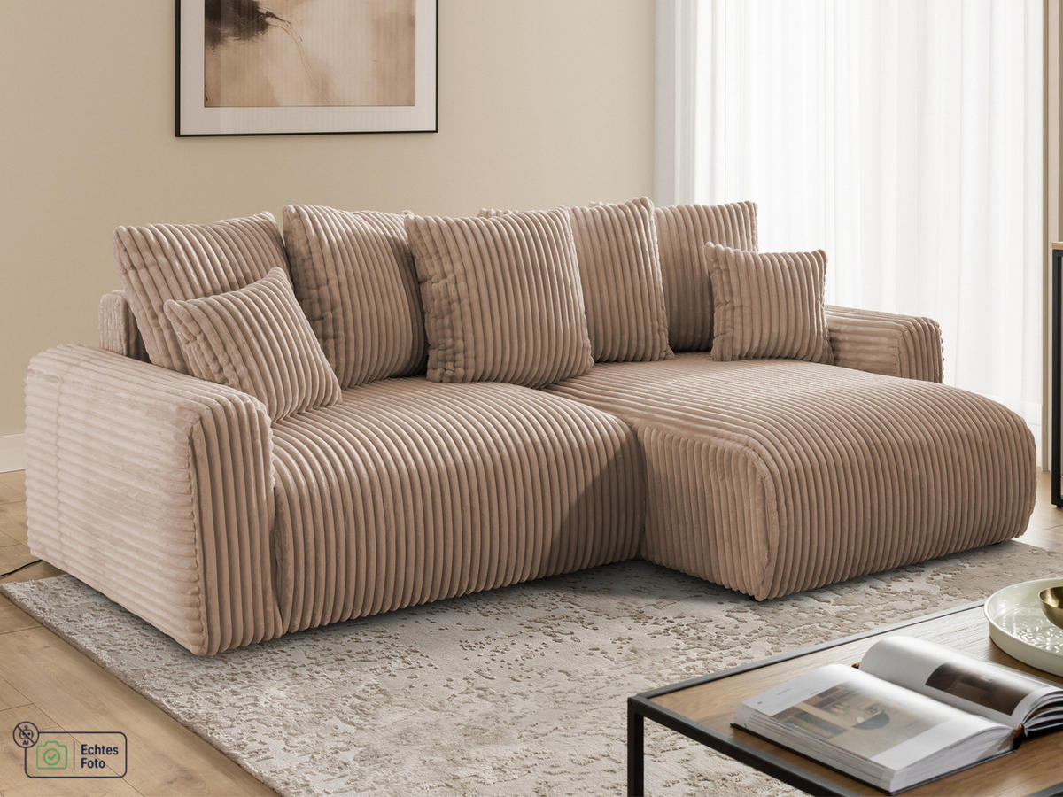 ECKSOFA Calma mit Schlaffunktion und Bettkasten im Bumpy-Design aus weichem Beige Plüschcord - Ottomane rechts - Beige/Schwarz, Holz/Kunststoff (140/239cm) - S-Style