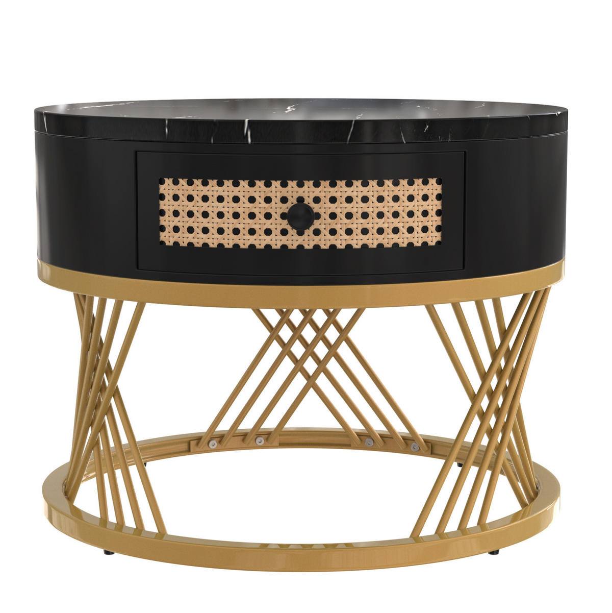 COUCHTISCH-SET 70/70/45,5 + 50/50/38,5 cm mit Schublade, Marmordekor und Rattanoptik, Schwarz/Gold - Schwarz, Holzwerkstoff (70/70/45.5cm) - Redom