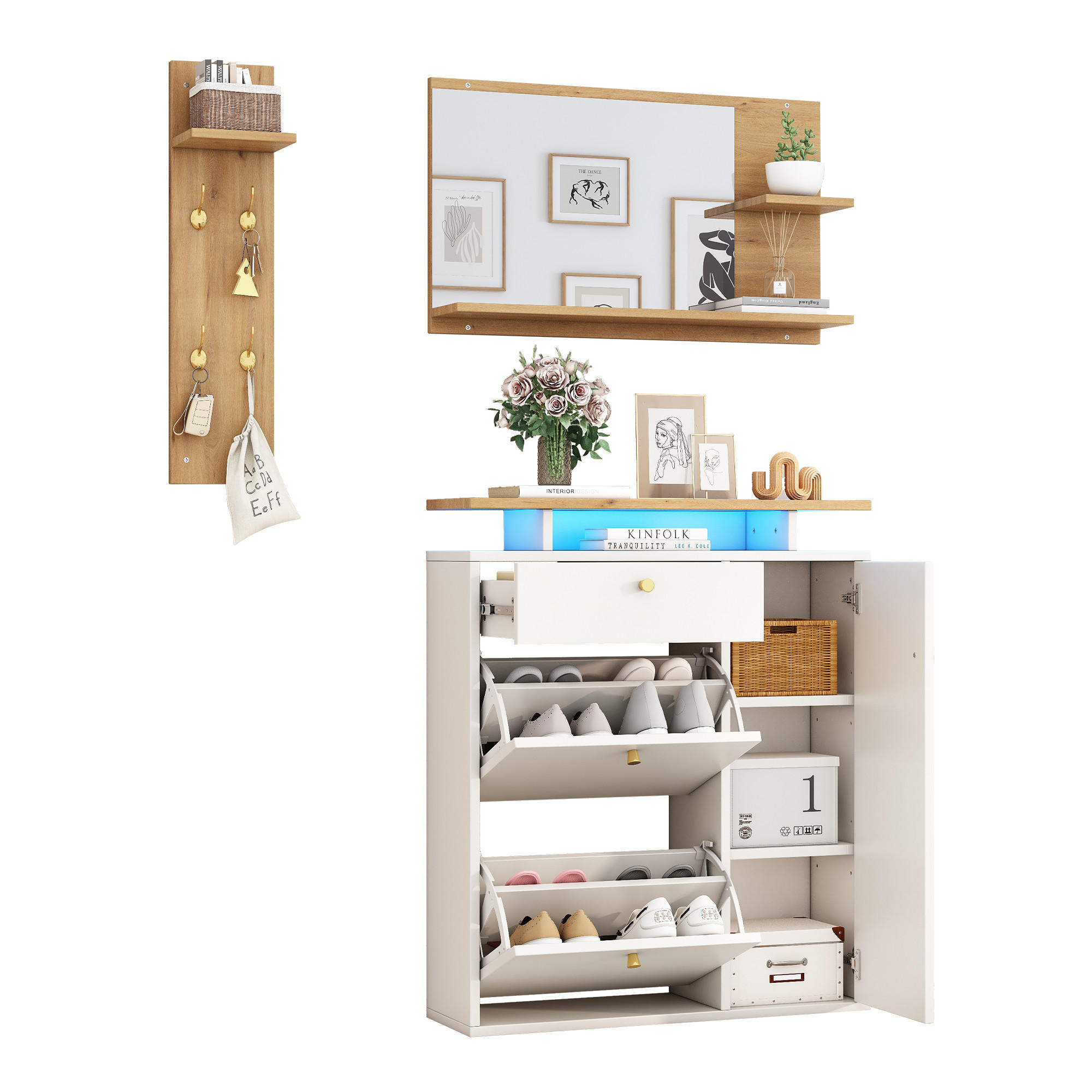 GARDEROBENSET 3-tlg mit Spiegel LED Natur Weiß 105x25x151.5cm - Weiß, Holzwerkstoff (25/151.5/105cm) - FLIEKS