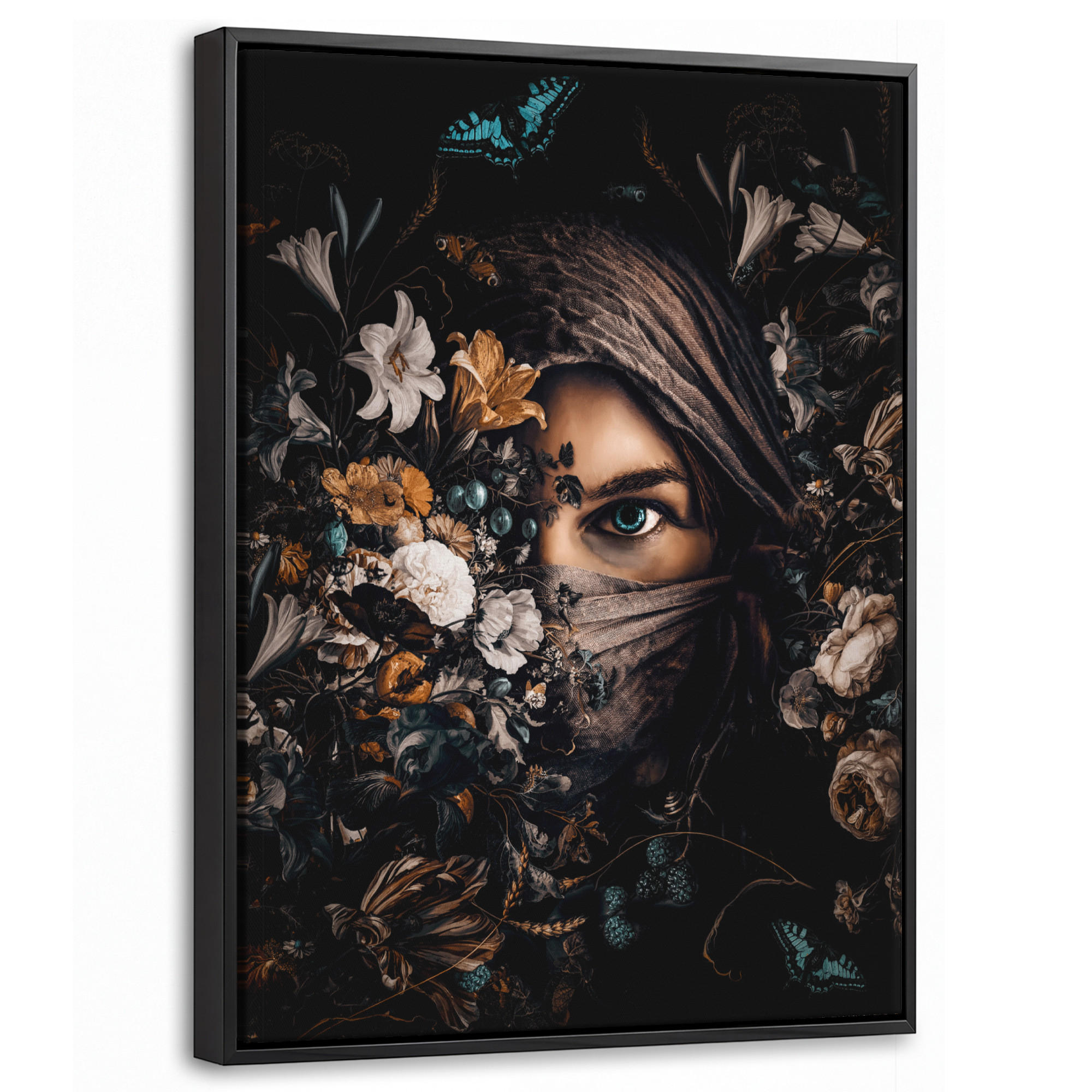 LEINWAND Bilder mit Rahmen - Frau - Luxus - Blumen - Schmetterling - Porträt - 30x40 - Schwarz, Textil (30/40cm) - MuchoWow
