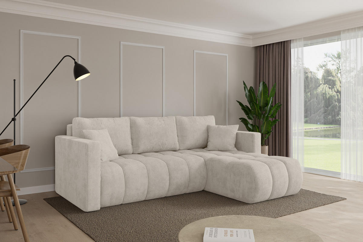 ROHOVÁ SEDAČKA s funkcí spaní, otoman vpravo GARD-L 226x146x85 krémová manšestr - černá/krémová, kompozitní dřevo/textil (226/146cm) - ALTDECOR