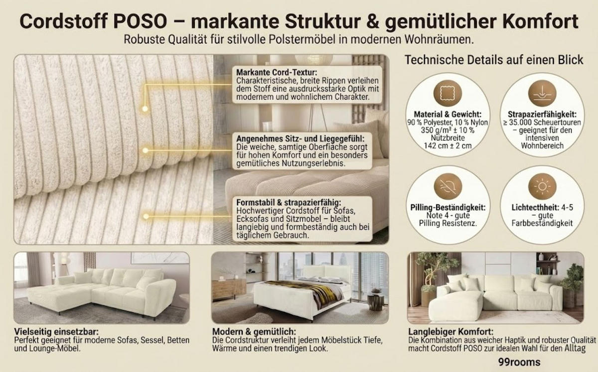 WOHNLANDSCHAFT Massimo Cordstoff Creme inkl. Schlaffunktion - Creme/Schwarz, Textil/Metall (356/94/181cm) - 99rooms