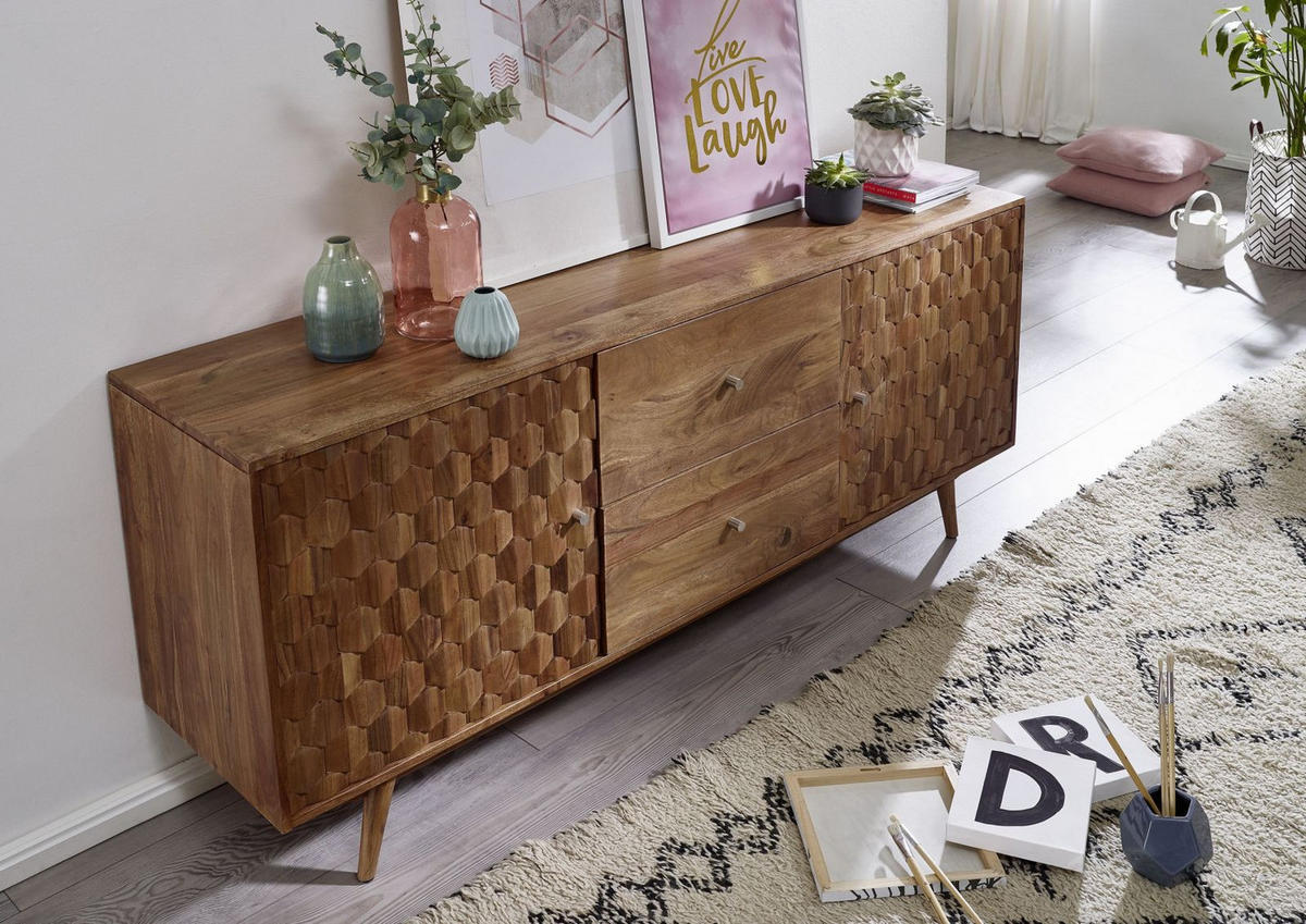 SIDEBOARD Akazie 180x42x75 natur lackiert MOSAYK #100 - Braun, Holz (180/75/42cm) - Massivmoebel24