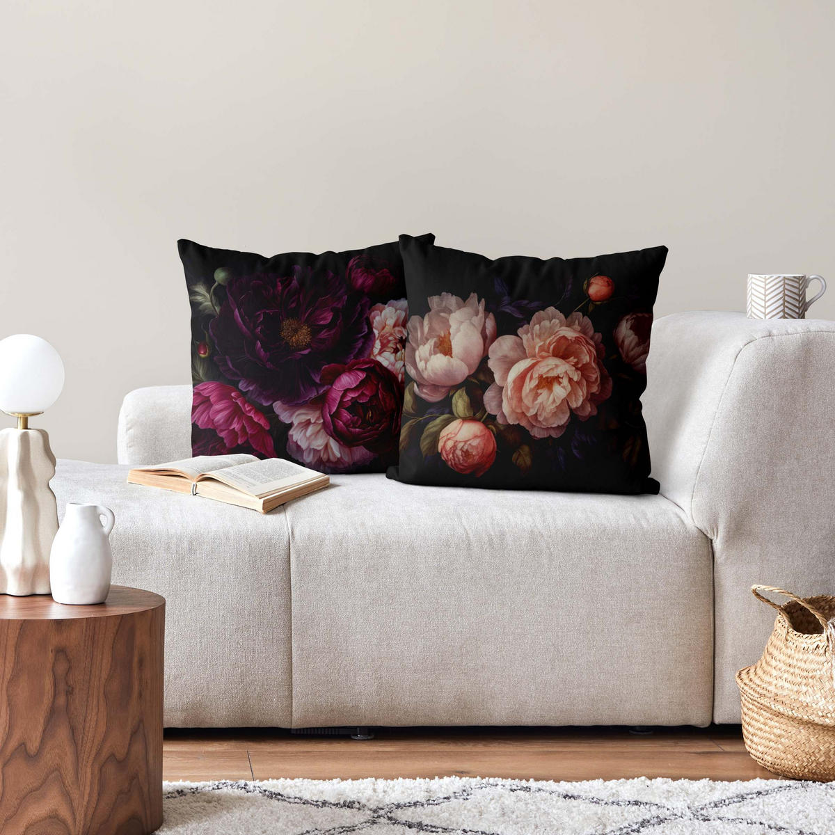 DEKOKISSEN 2er-Set Dunkle Blüten Duo 50/50 cm - Schwarz, Textil (50/50cm) - Bilderwelten