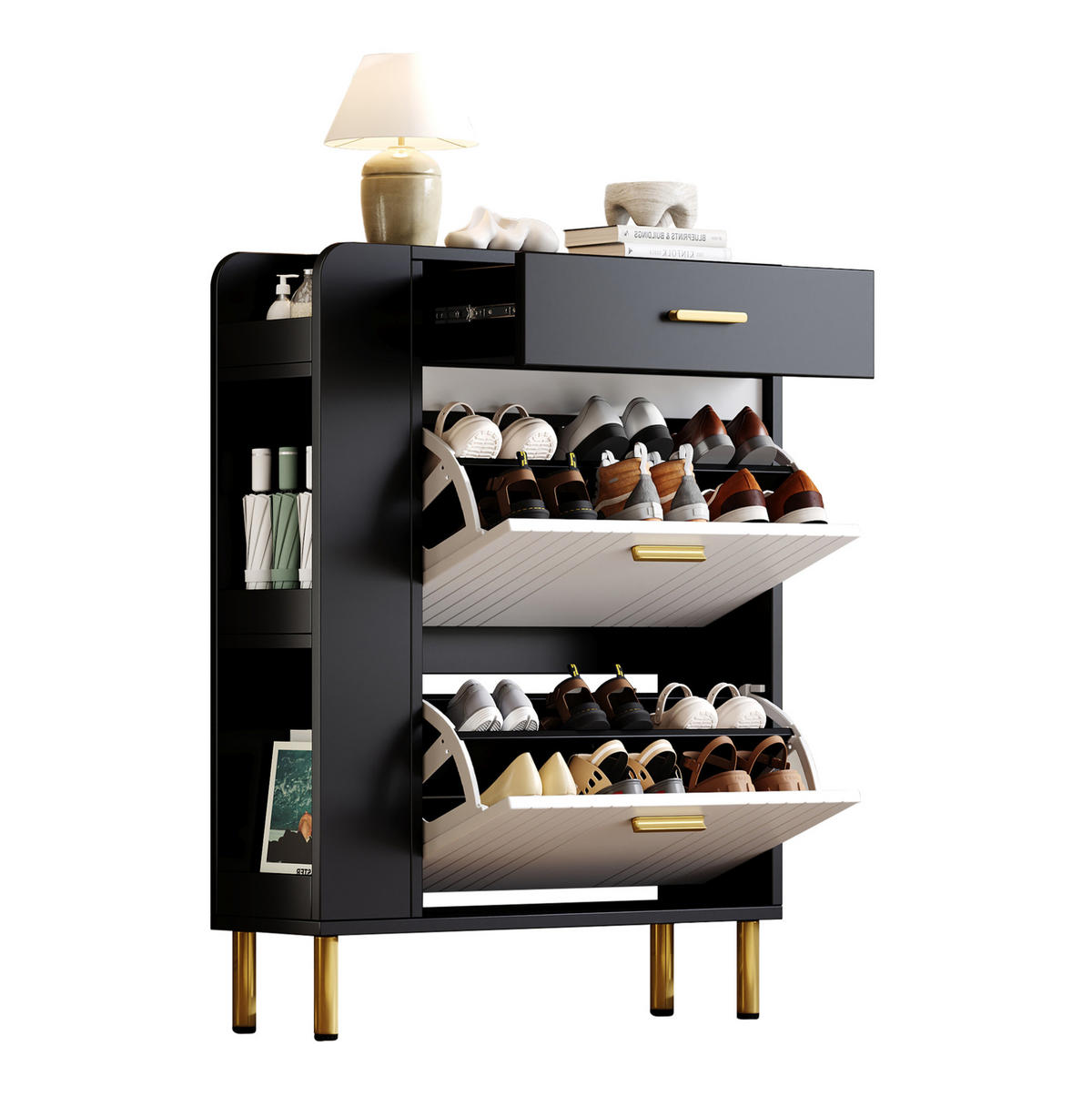SCHUHSCHRANK 80/24/105 cm mit 2 Klappen, 1 Schublade und offenen Fächern aus MDF und Spanplatte, Weiß/Schwarz - Weiß, Holzwerkstoff (80/105/24cm) - Redom