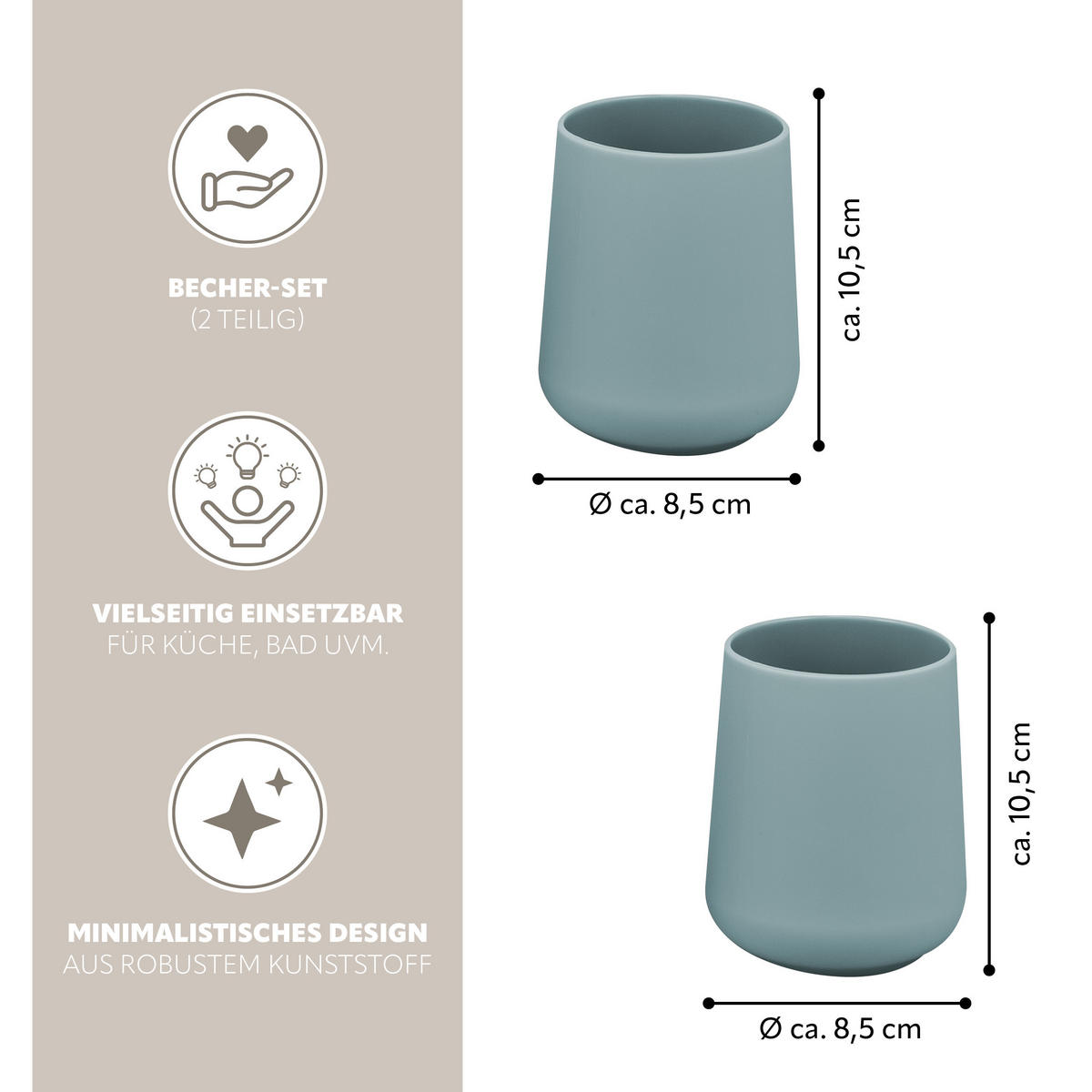 BECHER-SET TESERO 2tlg., Soft-Touch, hellblau - Hellblau, Kunststoff (8.5/10.5/8.5cm) - eluno