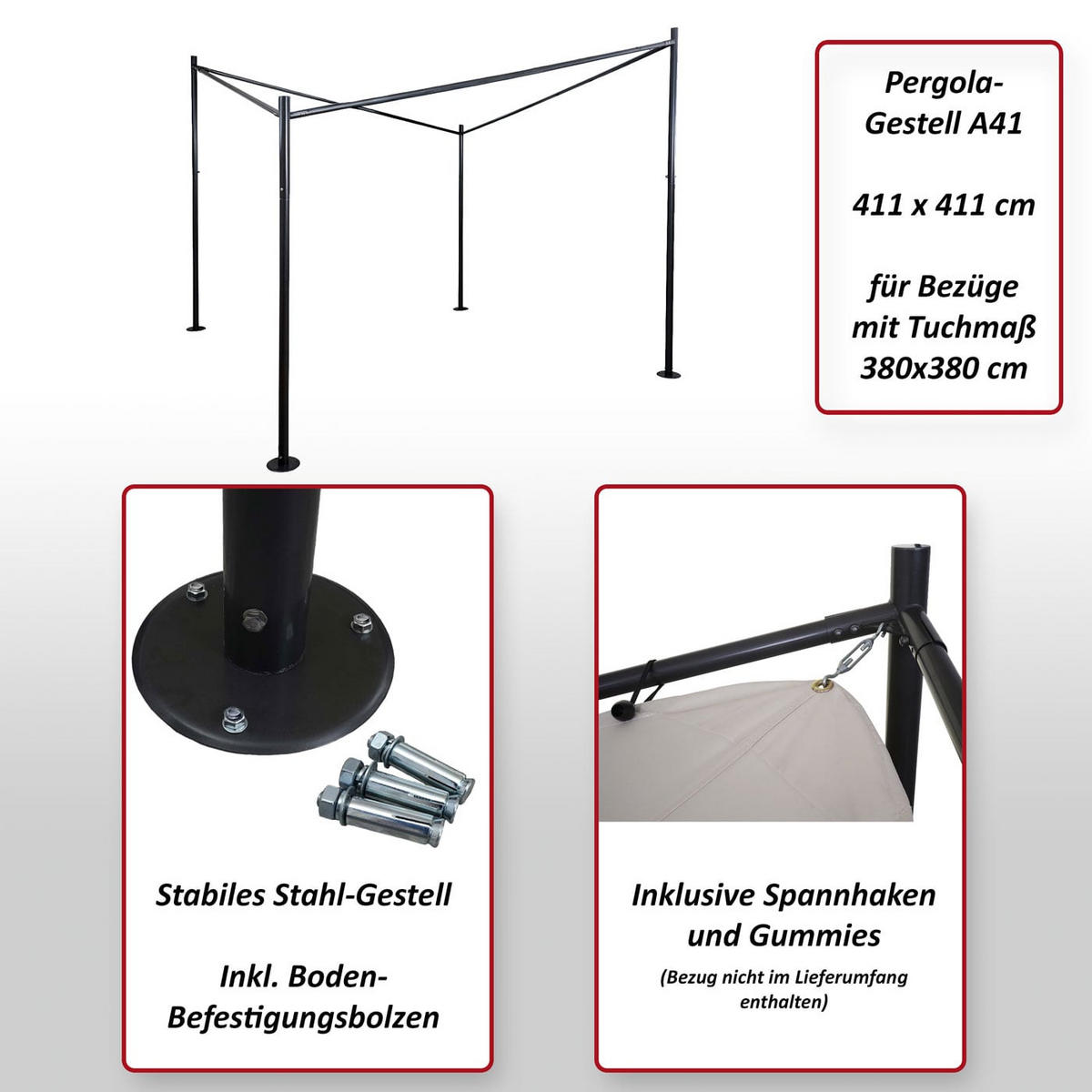 PERGOLA Gestell 292x411x411cm Schwarz - Schwarz, Metall (411/292/411cm) - BERLINLODGE