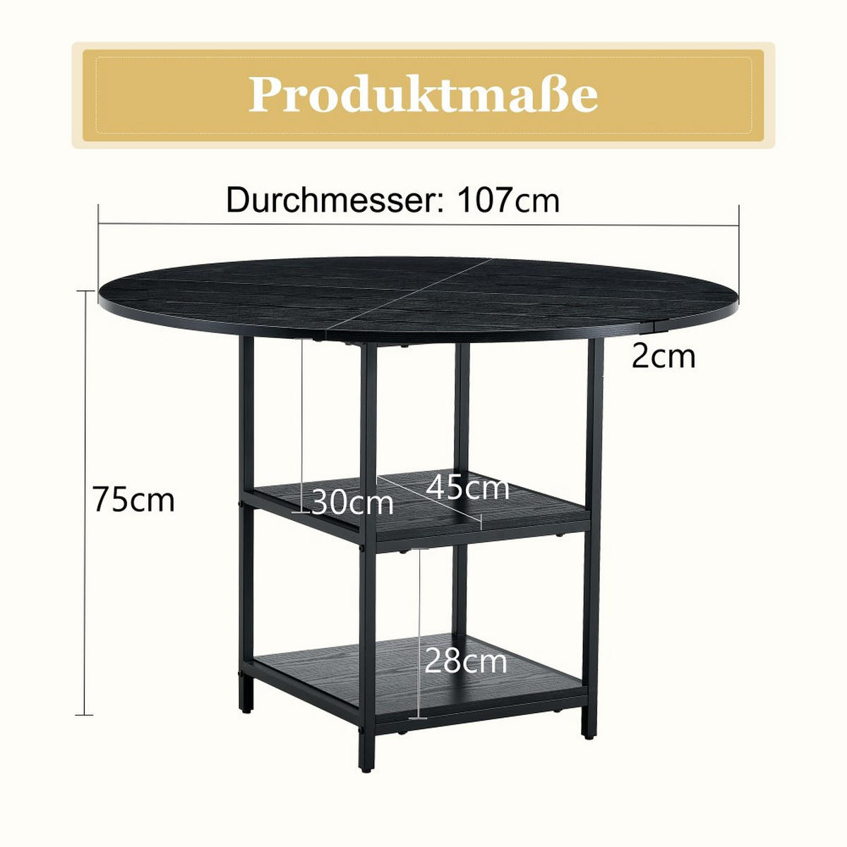 ESSTISCH Runder Doppelablage Schwarz-Optik, Regal doppelt, Holzoptik Ablage - Schwarz, Holzwerkstoff/Metall (107/107/75cm)