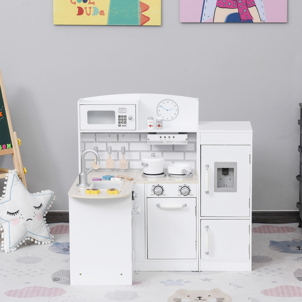 KINDERKÜCHE Spielküche mit elektronischem Wasserspender, Backofen, Weiß - Weiß, Holzwerkstoff (86/64/84.5cm) - HOMCOM