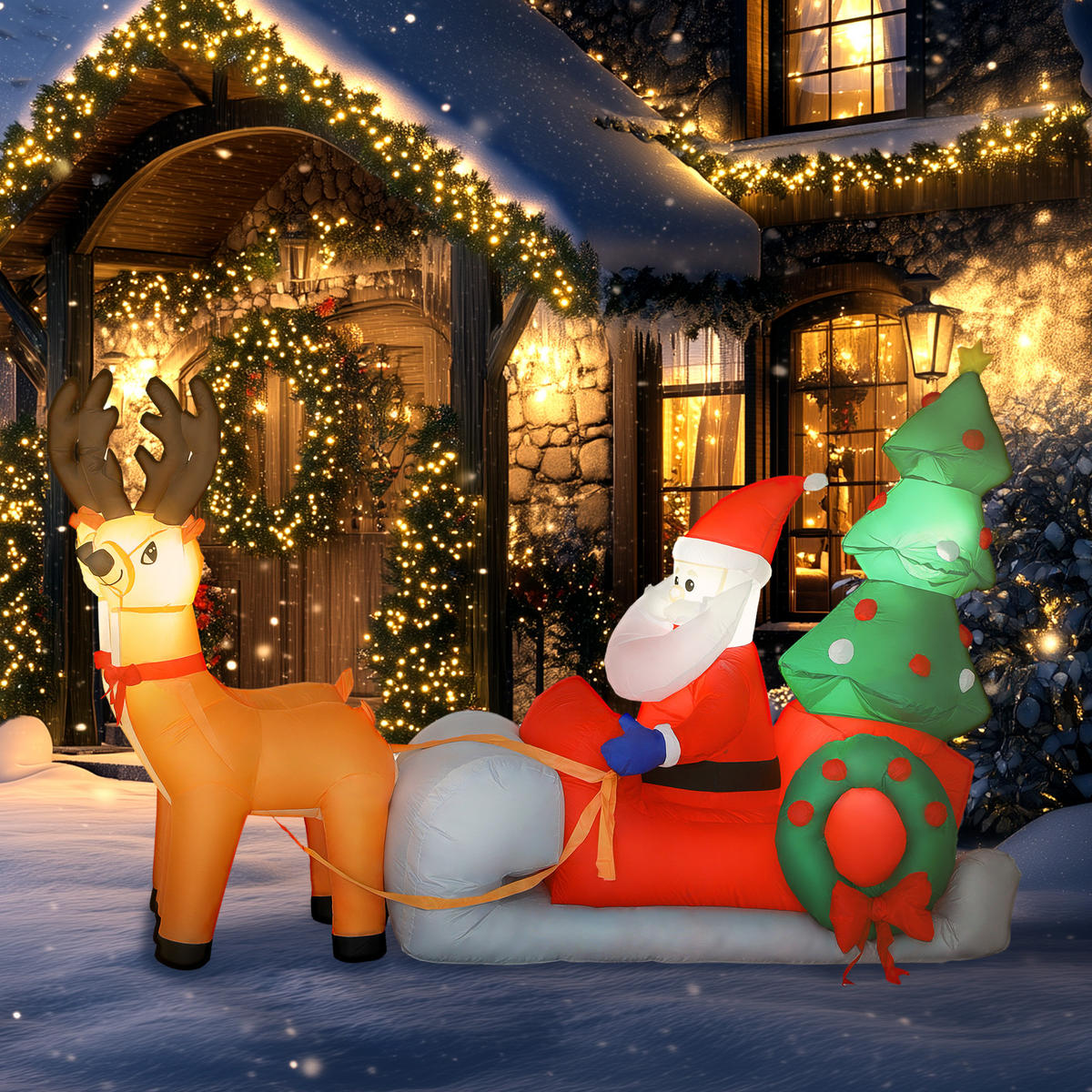 AUFBLASBARER Weihnachtsmann mit Rentieren und Schlitten Multicolor 216.0/90.0/150.0cm - Multicolor, Textil (90/150/216cm)