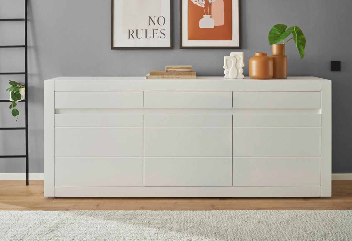 SIDEBOARD weiß matt, Evoke Eiche, Kommode 217 x 90 cm, Soft-Close-Funktion - Eichefarben/Silberfarben, Holzwerkstoff/Kunststoff (217/90/42cm) - Furn.Design