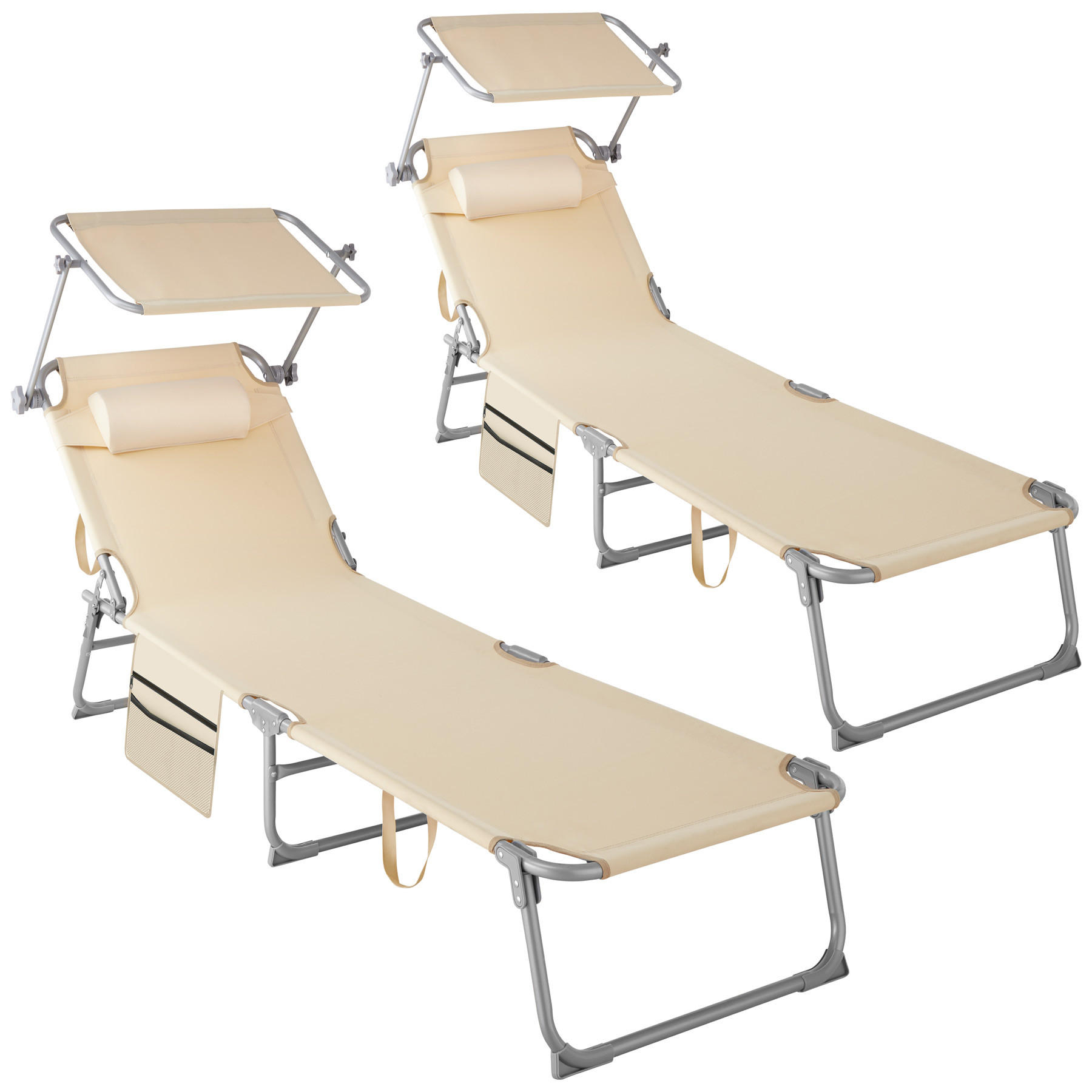 SONNENLIEGE 2er Set Chloé,190 x 68 x 28 cm, mit Seitentasche,beige - Beige, Kunststoff (68/111/161cm) - tectake