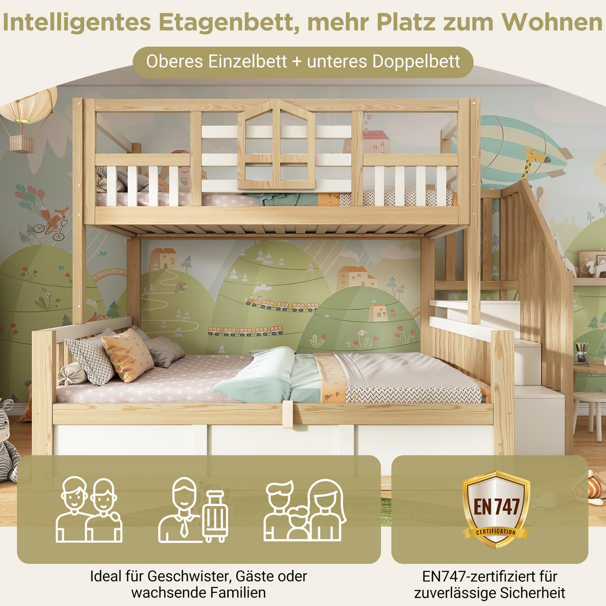 ETAGENBETT 90/200 cm & 140/200 cm in Weiß & Eiche mit Treppe, Stauraum und Sicherheitsgeländer - Weiß/Naturfarben, Holz/Holzwerkstoff (140/200cm) - WISHDOR