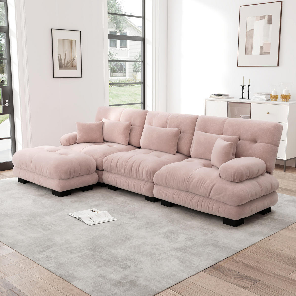 ECKSOFA 313/145/81 cm pink aus Chenille mit modularem Design und Ottomanen - Pink, Textil (145/313cm) - OKWISH