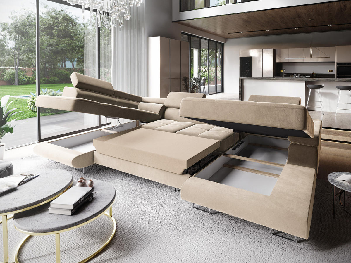 WOHNLANDSCHAFT CASONE L-S Creme Velours-Stoff mit Schlaffunktion - Creme, Holz (345/90/202cm) - MASSENO