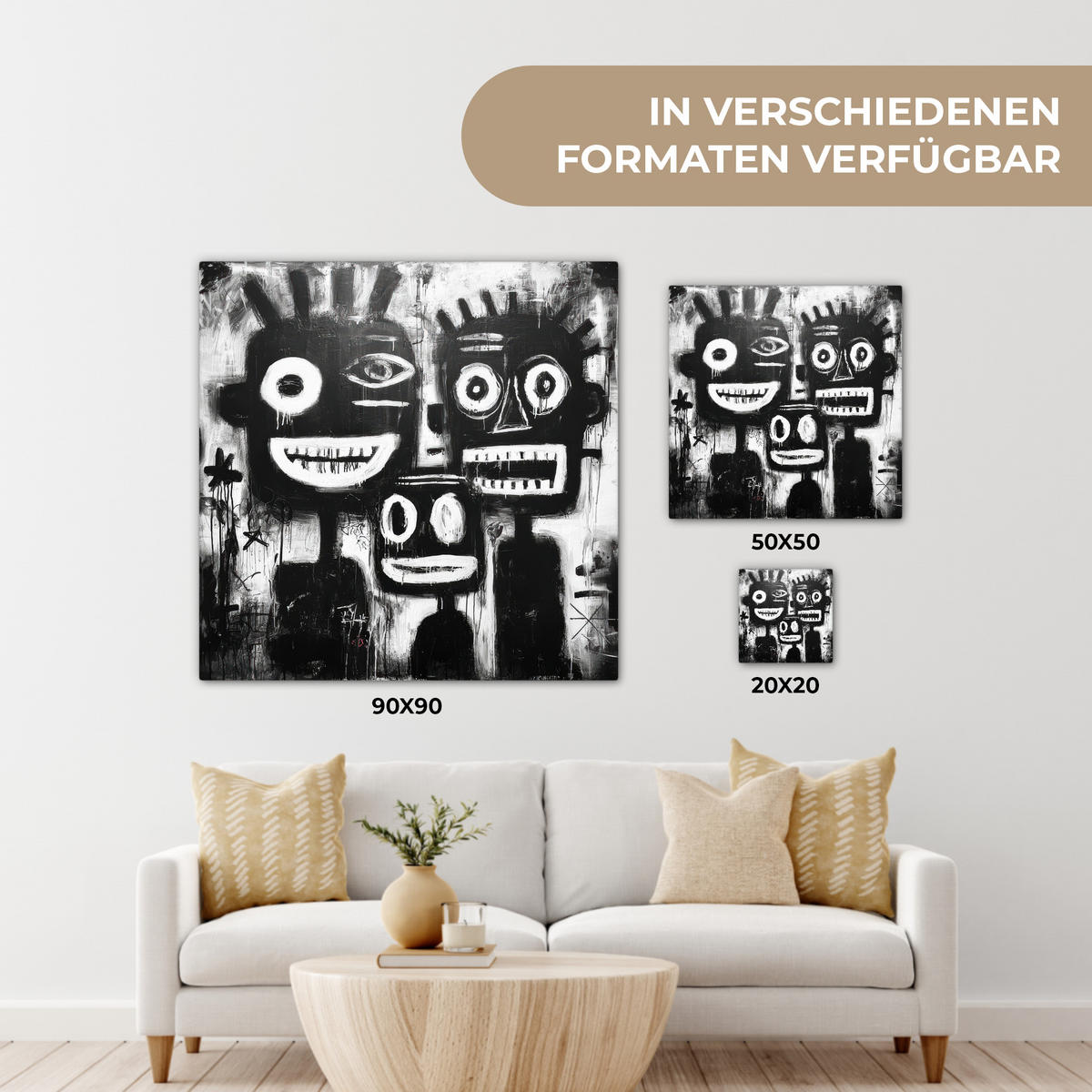 LEINWANDBILD Malerei - Figuren - Schwarz - Abstrakt Deko Wohnzimmer 20x20 cm - Schwarz, Textil (20/20cm) - MuchoWow