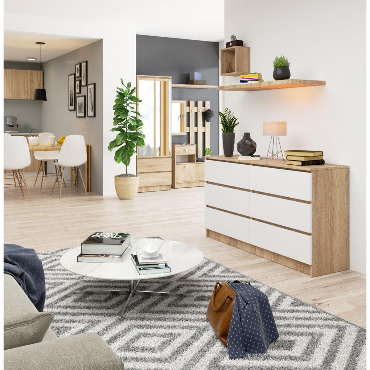 KOMMODE Eiche Sonoma, Weiß 77/138/40 - Weiß, Holzwerkstoff (138/77/40cm) - RAUMHIRSCH FURNITURE