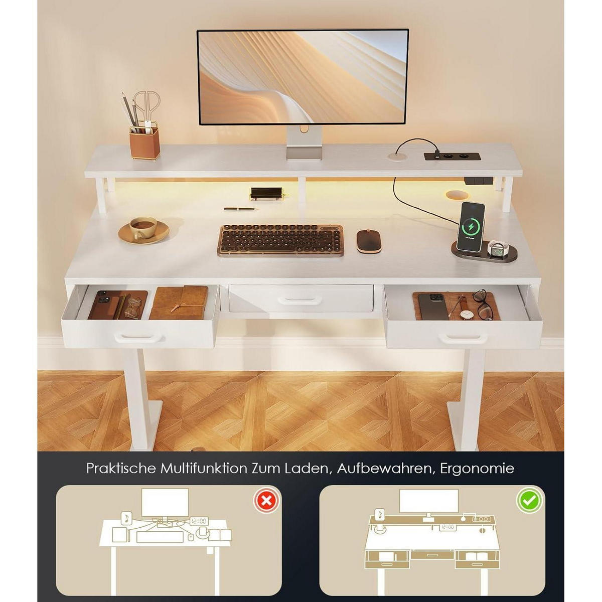 ELEKTRISCHER Schreibtisch mit Schubladen Weiß 120 x 54 cm - Weiß, Holz (54/120/78cm)