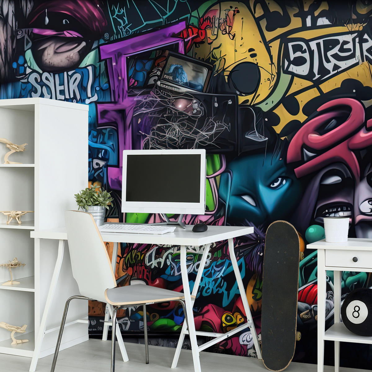 FOTOTAPETE für Jugendzimmer Bunte Graffiti Figura Schrift Abstrakt 200x140 - Blau/Pink, Papier (200/140cm) - Muralo