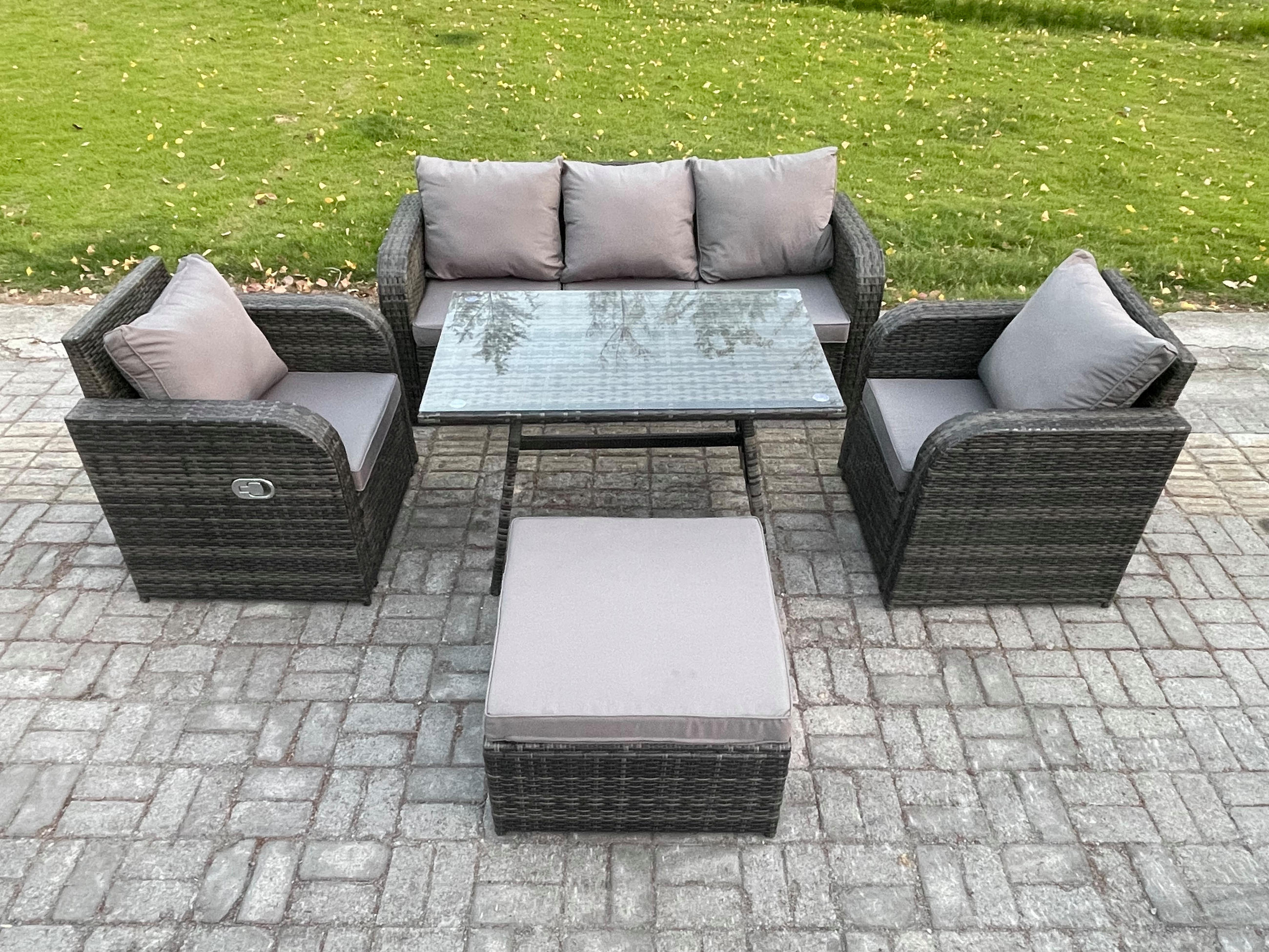 GARTENMÖBEL SET mit COUCHTISCH Polyrattan Dunkelgrau 6-Sitzer - Dunkelgrau/Grau, Glas/Kunststoff - Fimous