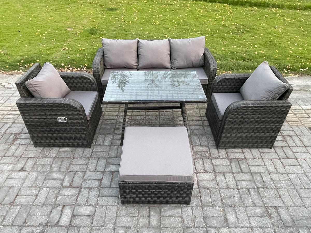GARTENMÖBEL SET mit COUCHTISCH Polyrattan Dunkelgrau 6-Sitzer - Dunkelgrau/Grau, Glas/Kunststoff - Fimous