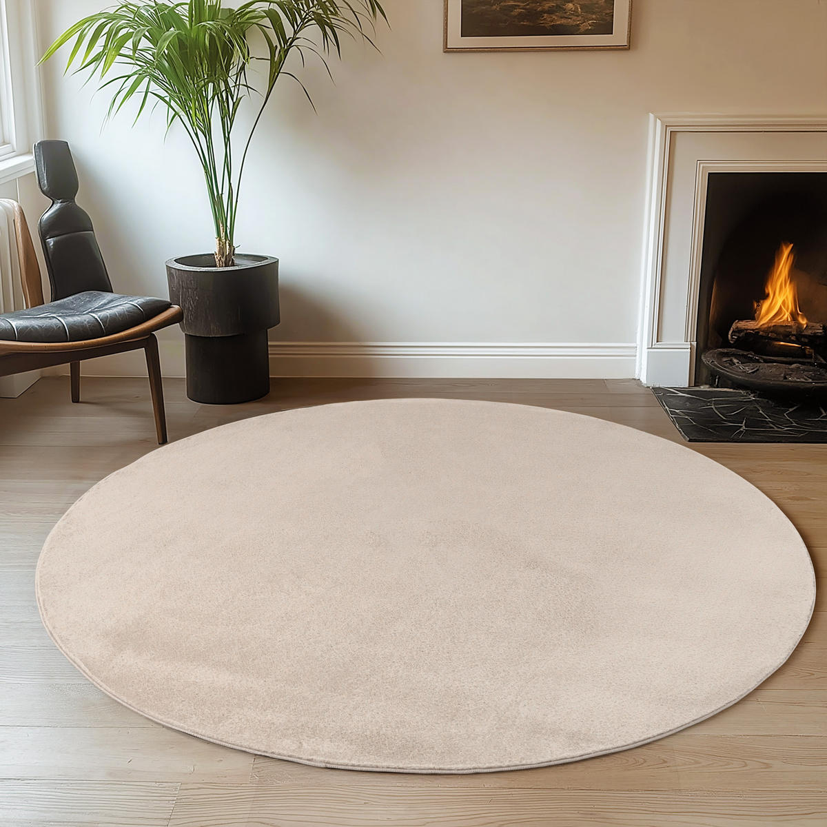 TEPPICH Kurzflor Unifarben Polyester Antirutsch Wohnzimmer Creme Rund 80x80 - Creme, Textil (80/80cm) - KADIMA DESIGN