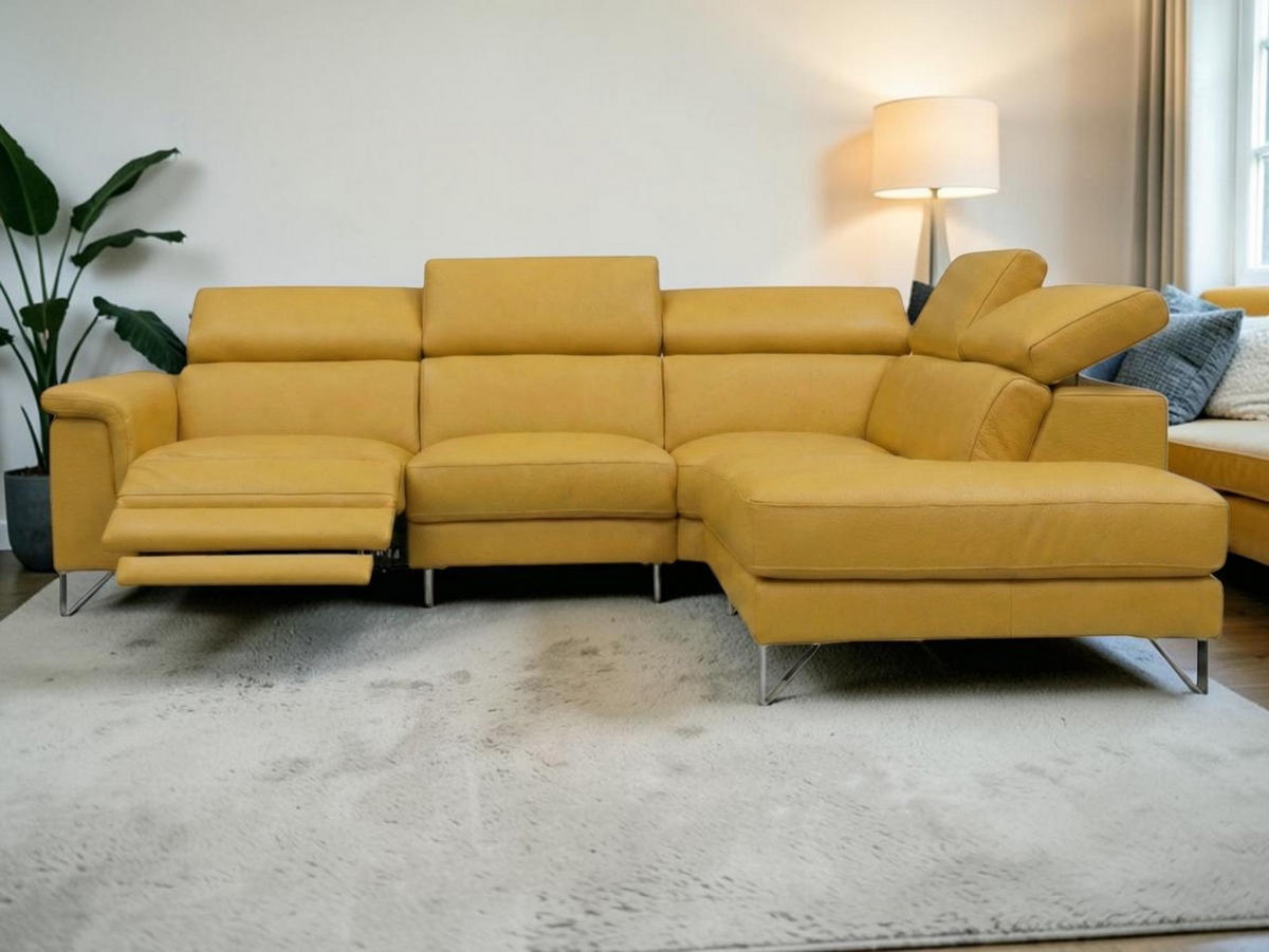 ECKSOFA Antares Echtleder mit 1 x Relaxfunktion Senfgelb - Gelb, Leder/Metall (276/224cm)